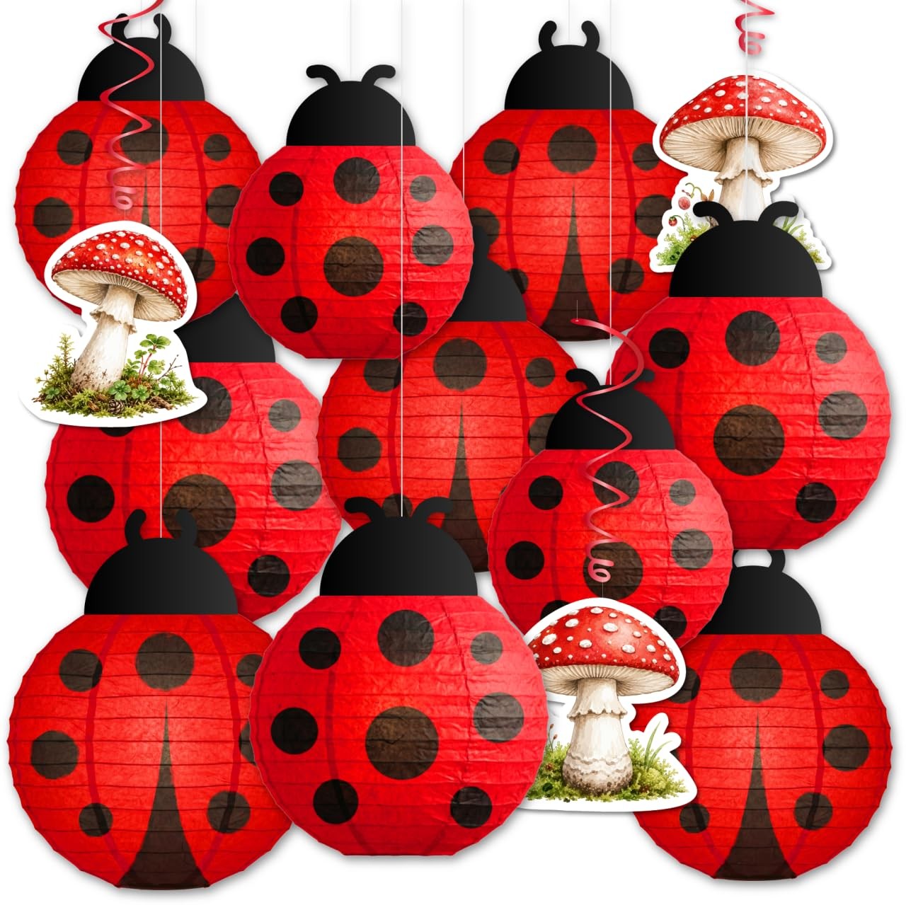13PCS Ladybug Mushroom Party Decorations Paper Lanterns Hanging Swirls Set