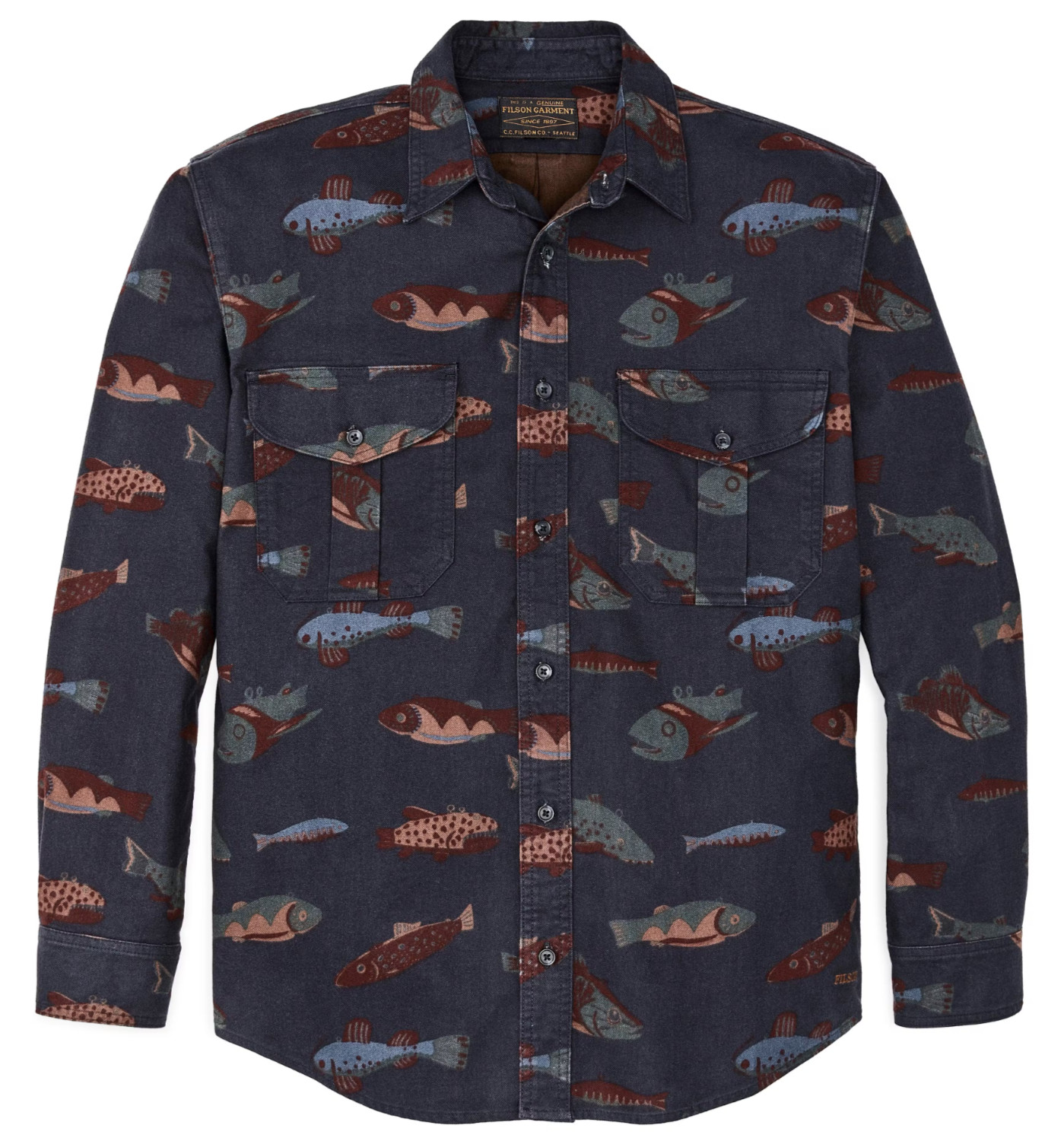 Filson Alaskan Guide Shirt - SMALL - 11012006 Flannel Fish Decoy Navy Print CC