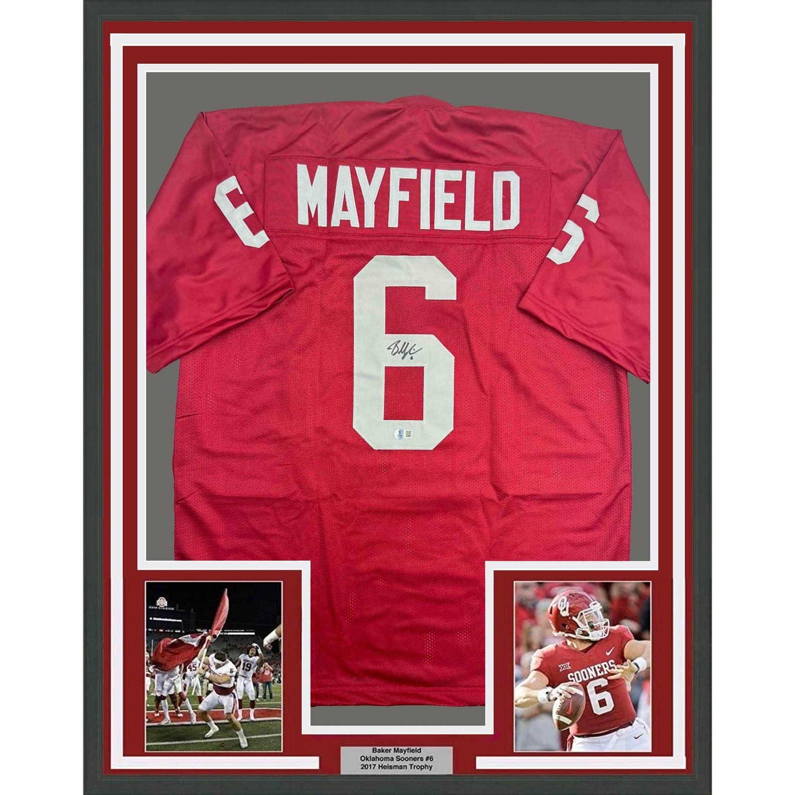 Framed Autographed/Signed Baker Mayfield 35x39 Oklahoma Red Jersey BAS COA Framed Autographed/Signed Baker Mayfield 35x39 Oklahoma Red Jersey BAS COA