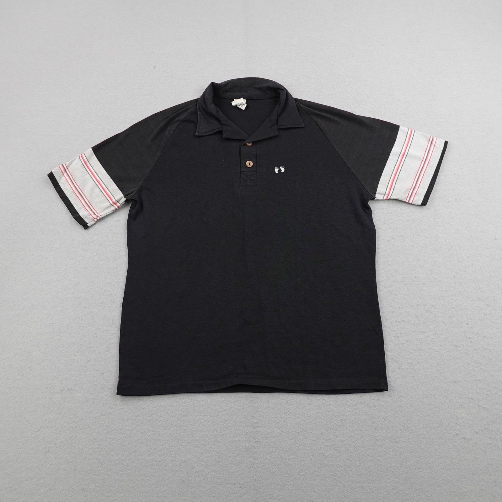 Vintage Hang Ten Polo Shirt Mens Medium Black Striped Raglan Surf Beach 70s USA