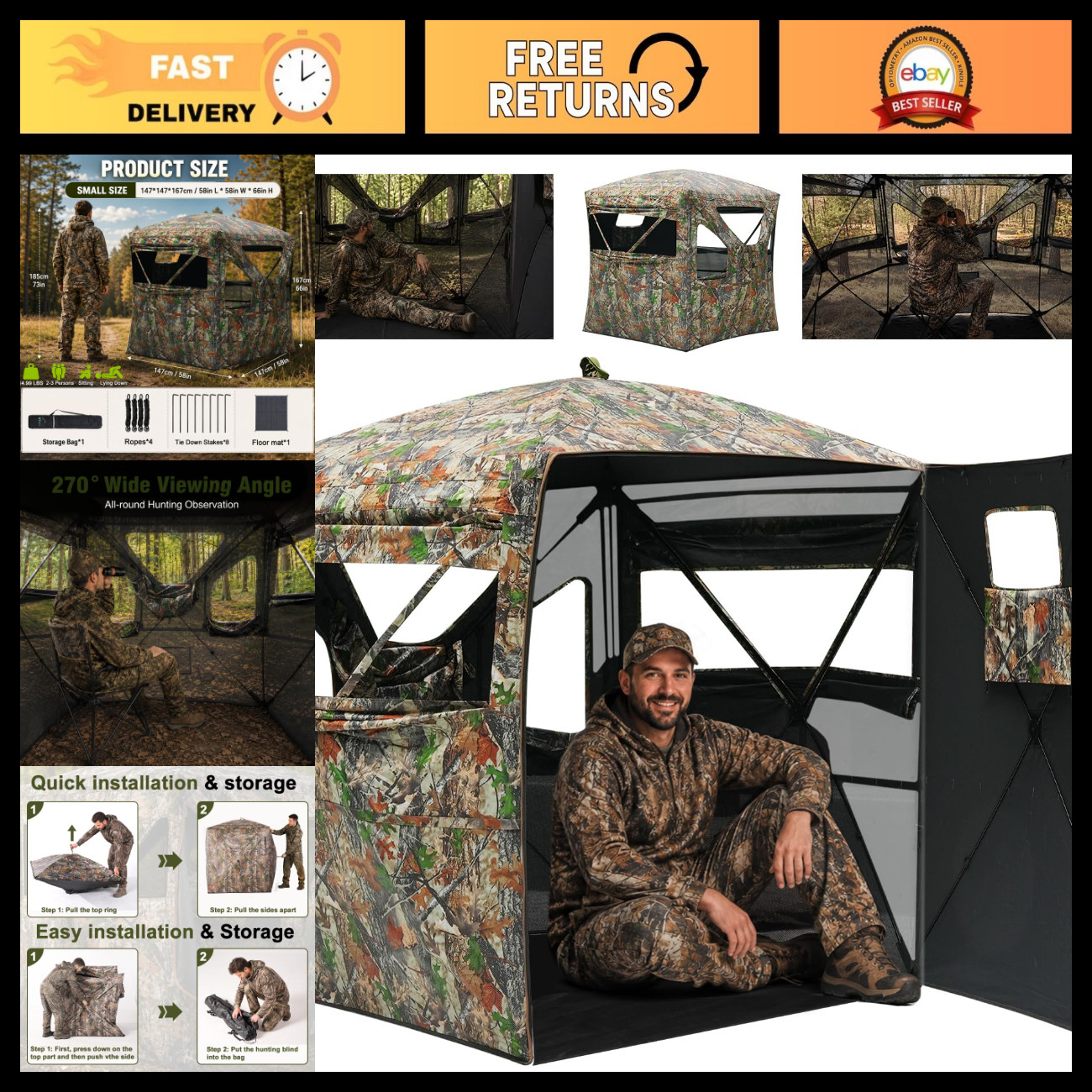 270° See-Through Hunting Blind | Ground Blind with 2-in-1 Floor Mat for Outdoor