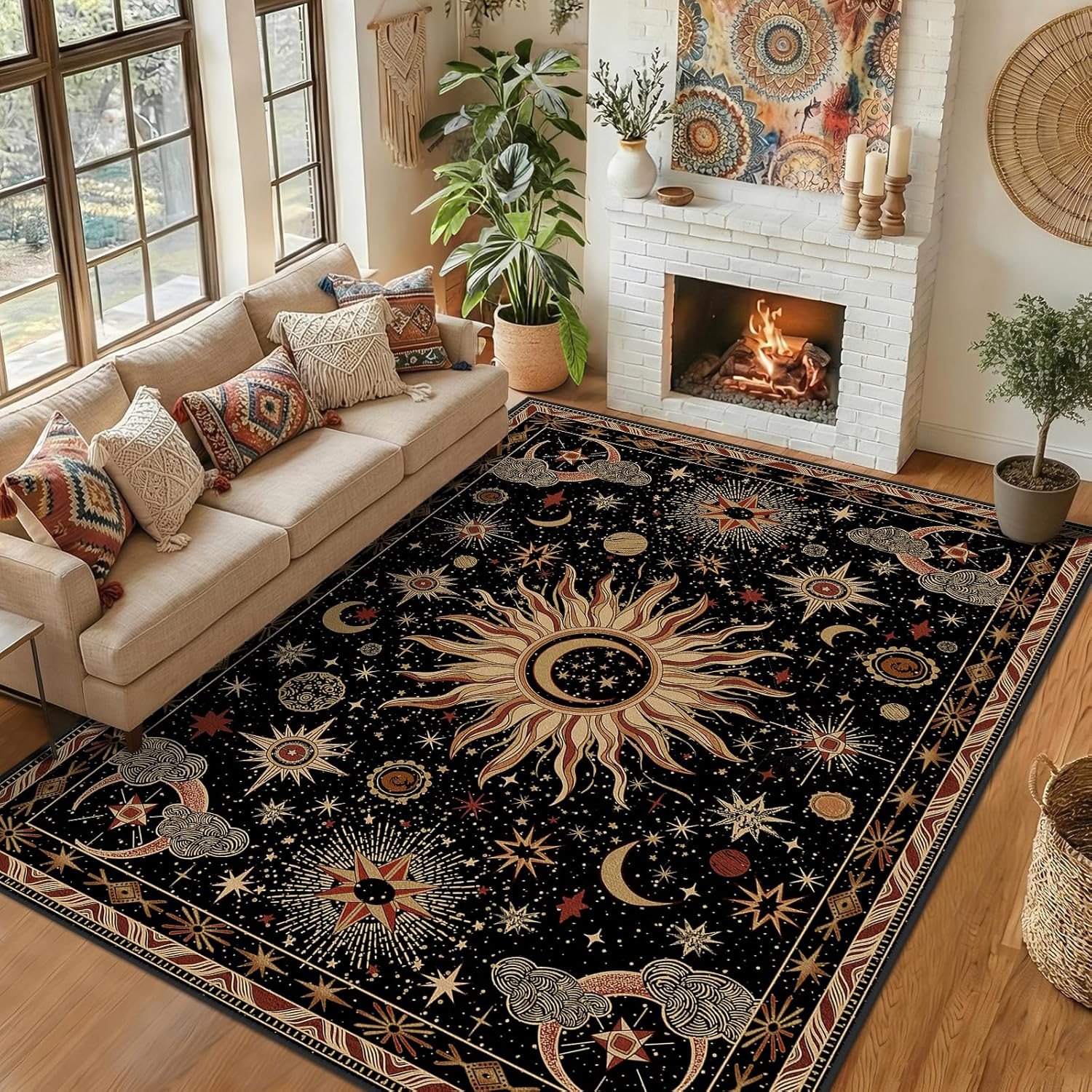 Vacuum-Friendly, 8X10 Washable Area Rug, Black Gold Beige Red Vacuum-Friendly, 8X10 Washable Area Rug, Black Gold Beige Red