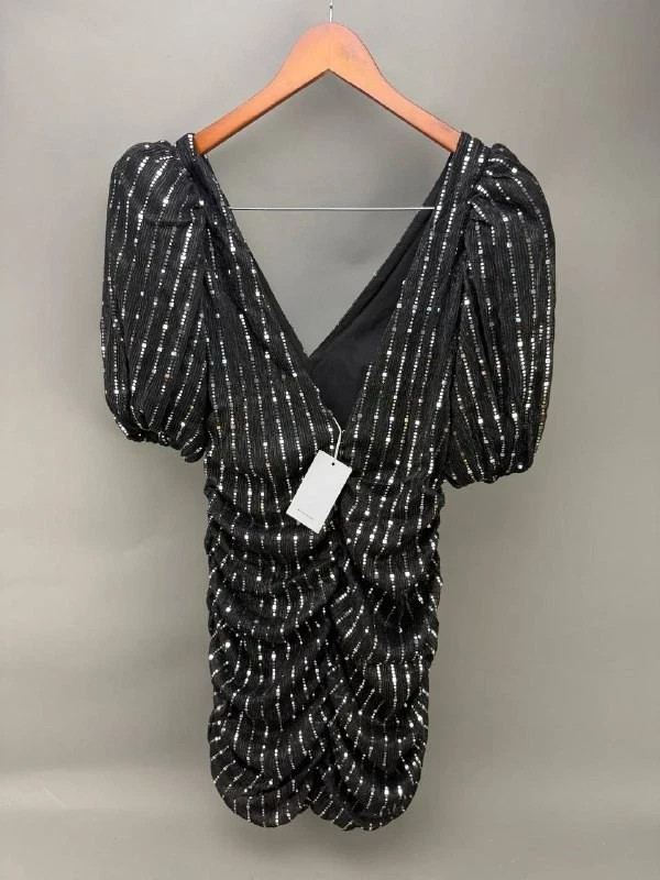 Lovers + Friends Womens Black Sequin Striped V-Neck Mini Dress Puff Sleeves Sz L