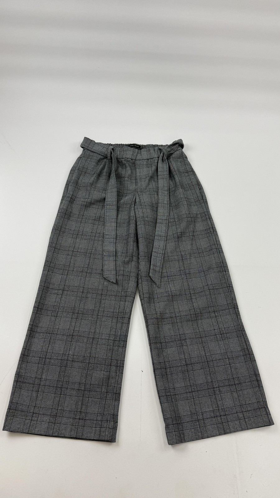 Zara Pants Womens XS Gray Plaid Paperbag Wide Leg Crop Elastic Waist Casual