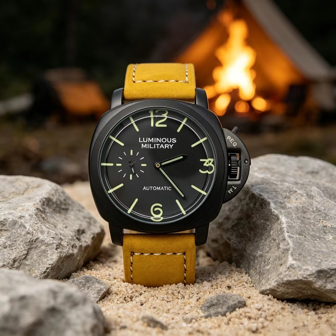 Men's 46mm Automatic Mechanical Watch Genuine Leather Strap Luminous Dial