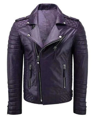Men\'s Purple Genuine Lambskin Leather Quilted Biker Motorcycle Jacket Casual Zip