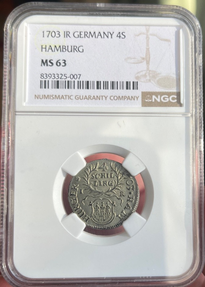 1703 IR GERMANY HAMBURG 4 Shilling NGC MS 63. Rare 1703 IR GERMANY HAMBURG 4 Shilling NGC MS 63. Rare