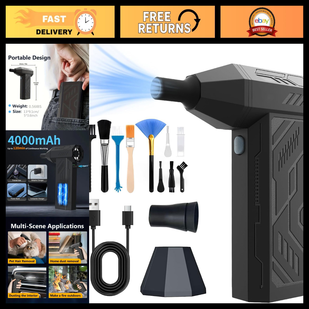 High-Power Cordless Air Duster - 130,000 RPM, 4-Gear Adjustable, Rechargeable Bl