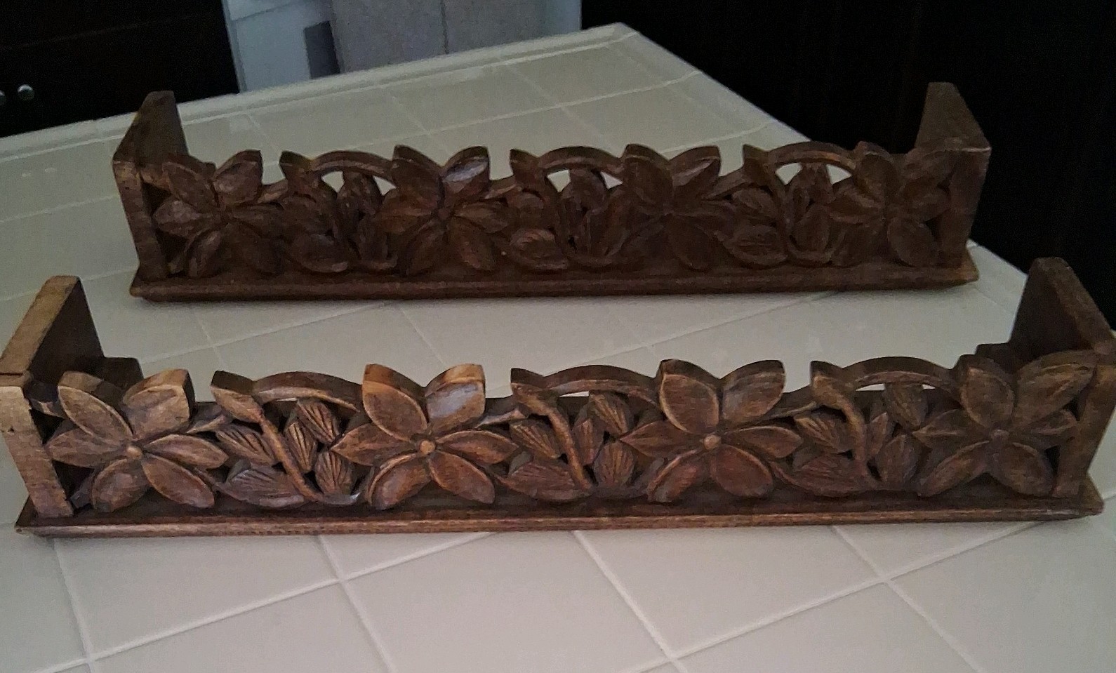 Pair Vintage Anglo Indian Hand Carved Wood Floral Wall Shelves 26- 27