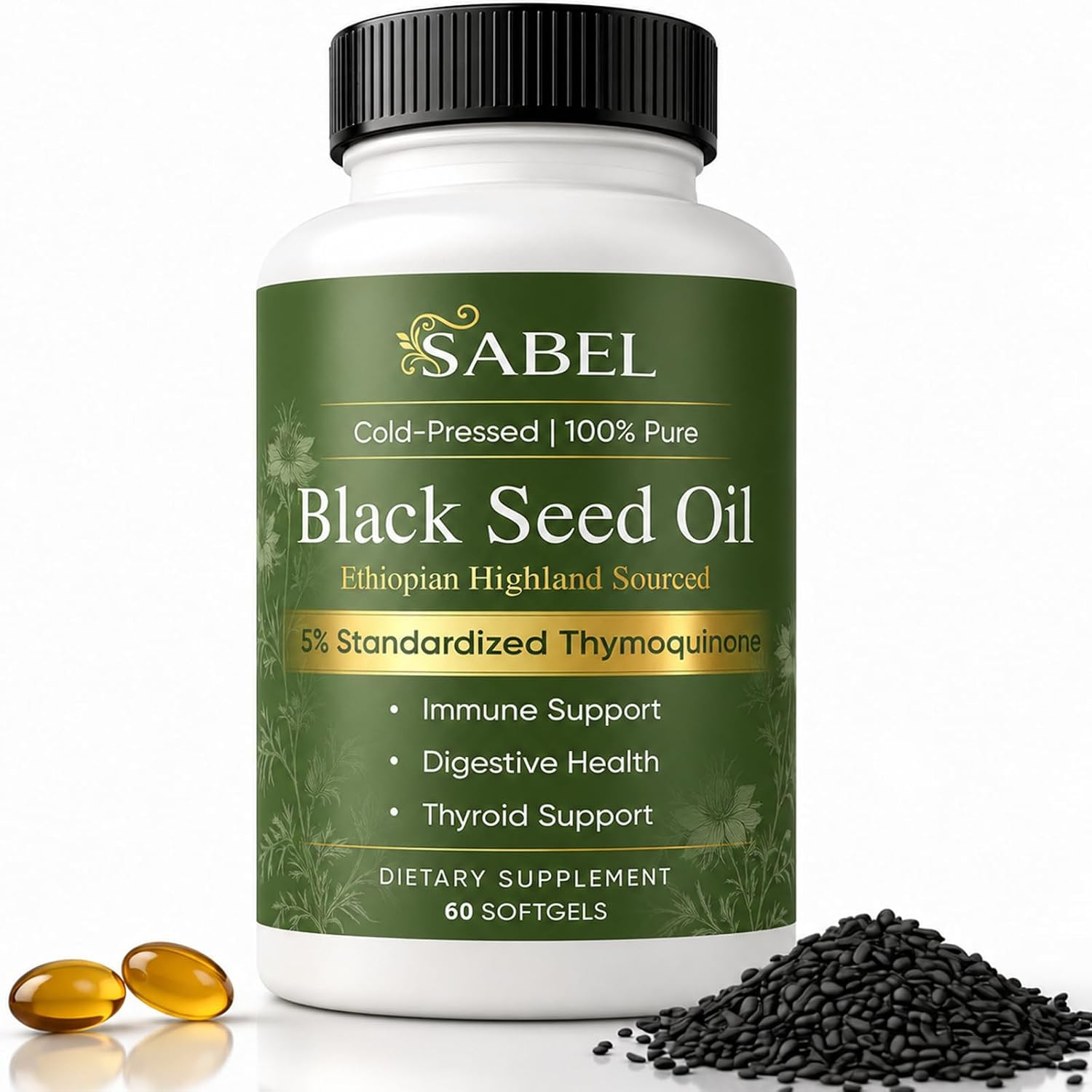 Sabel Ethiopian Black Seed Oil, Cold Pressed Black Seed Oil Capsules, 5% Thymoqu