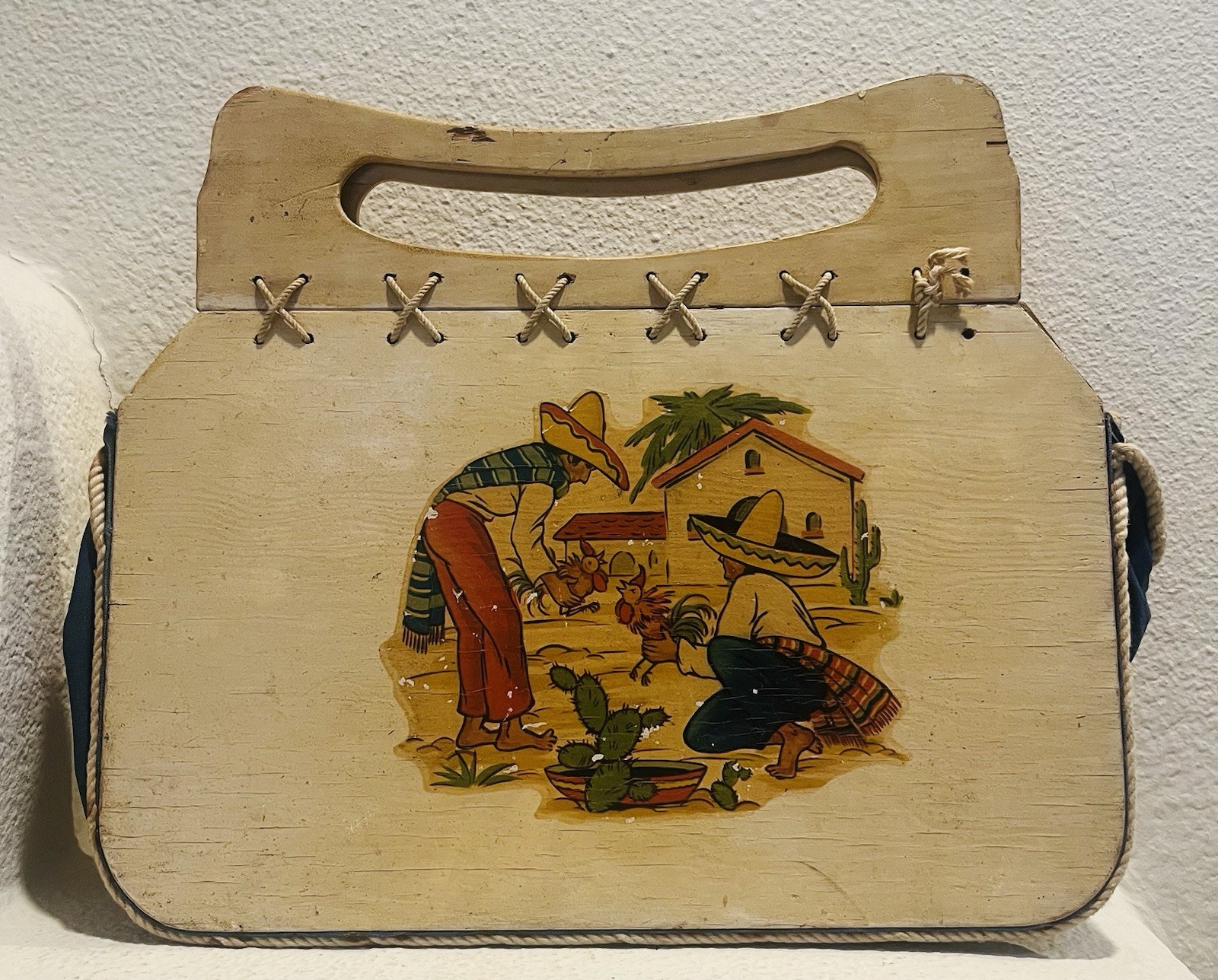 Vintage Mid Century Wooden Box Purse Mexican Folk Art Rooster Scene 1950s