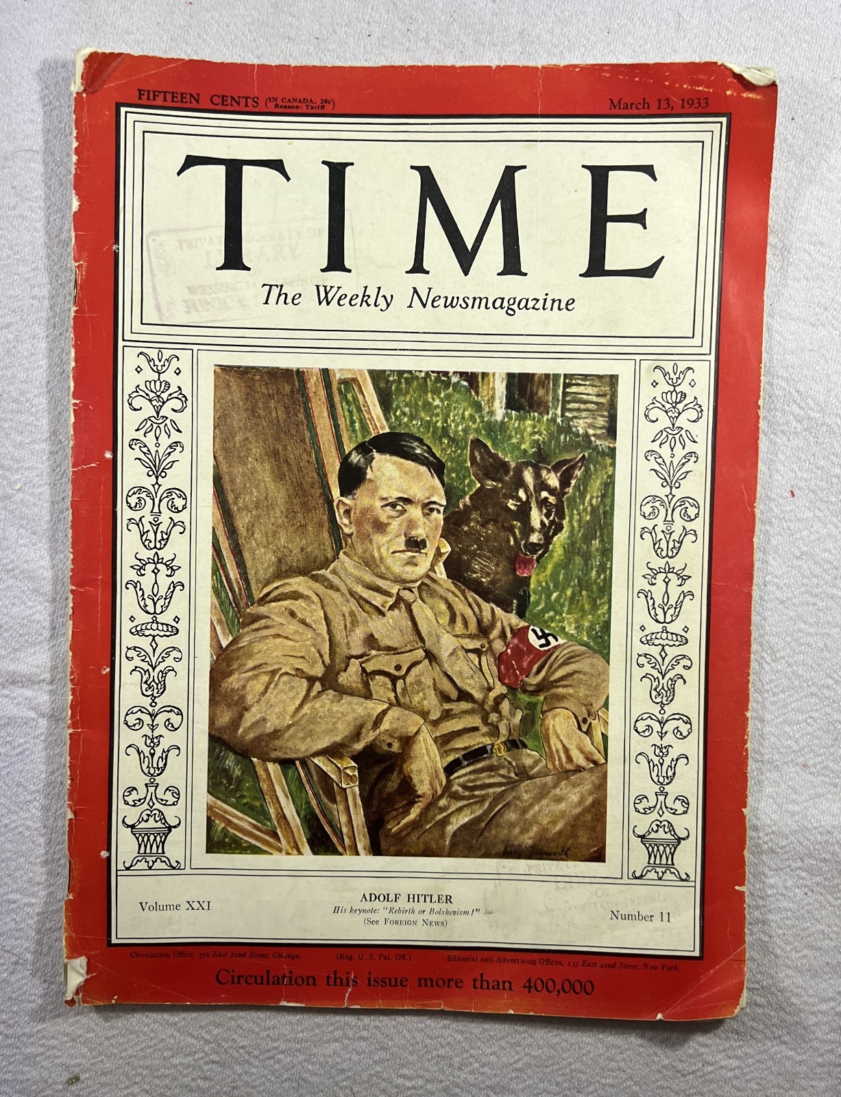 Time Magazine Adolf Hitler March 13th 1933, Vol. XXI No. 11  Good condition