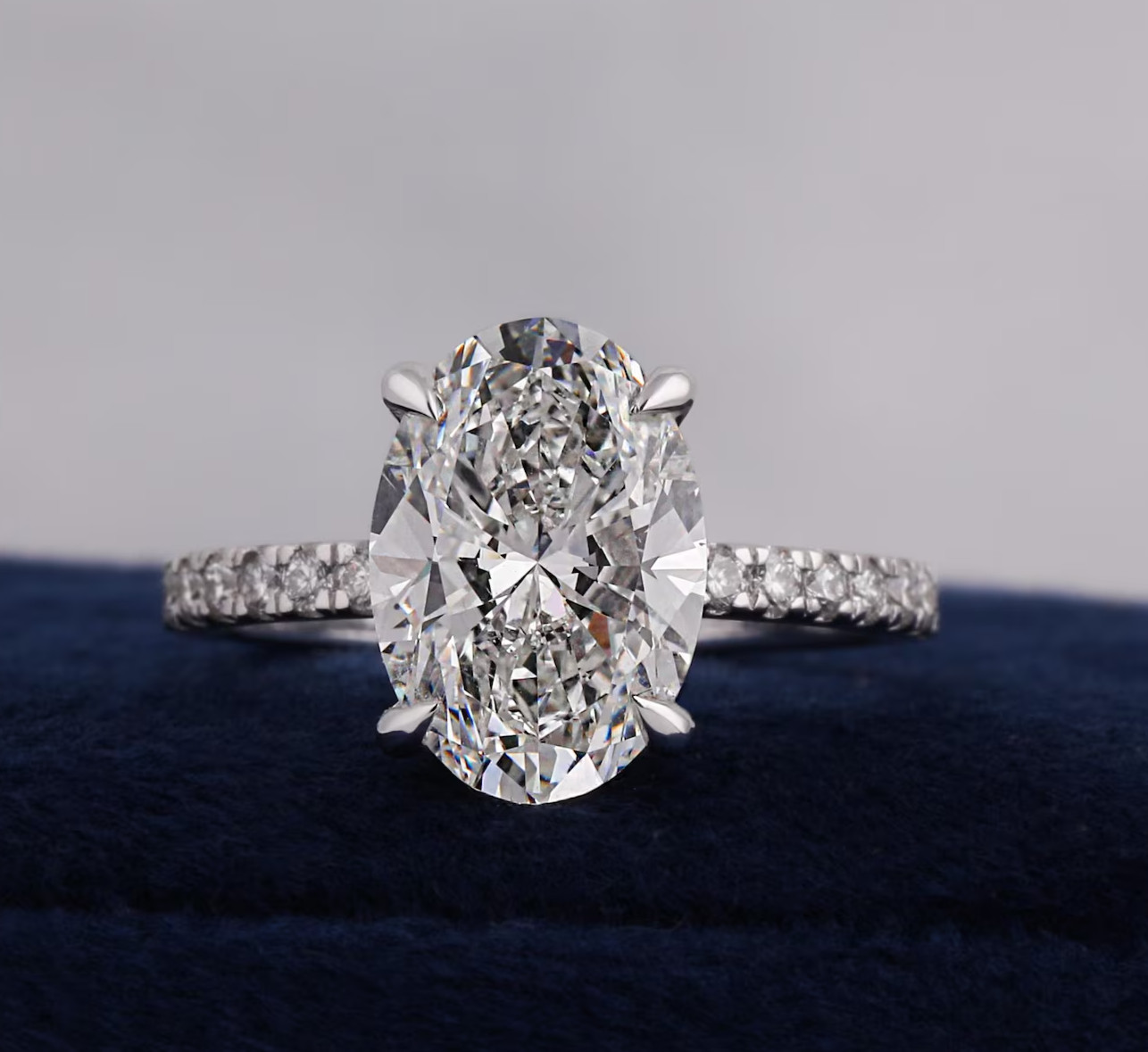 Lab Grown Diamond 3.30Ct Oval F/VS2 Hidden Halo Engagement Ring 14K White Gold