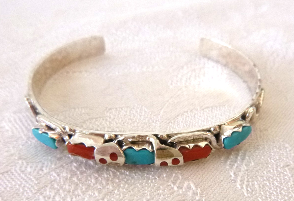 New Zuni Effie Calavaza Snake Cuff Bracelet Turquoise Red Coral Sterling Silver