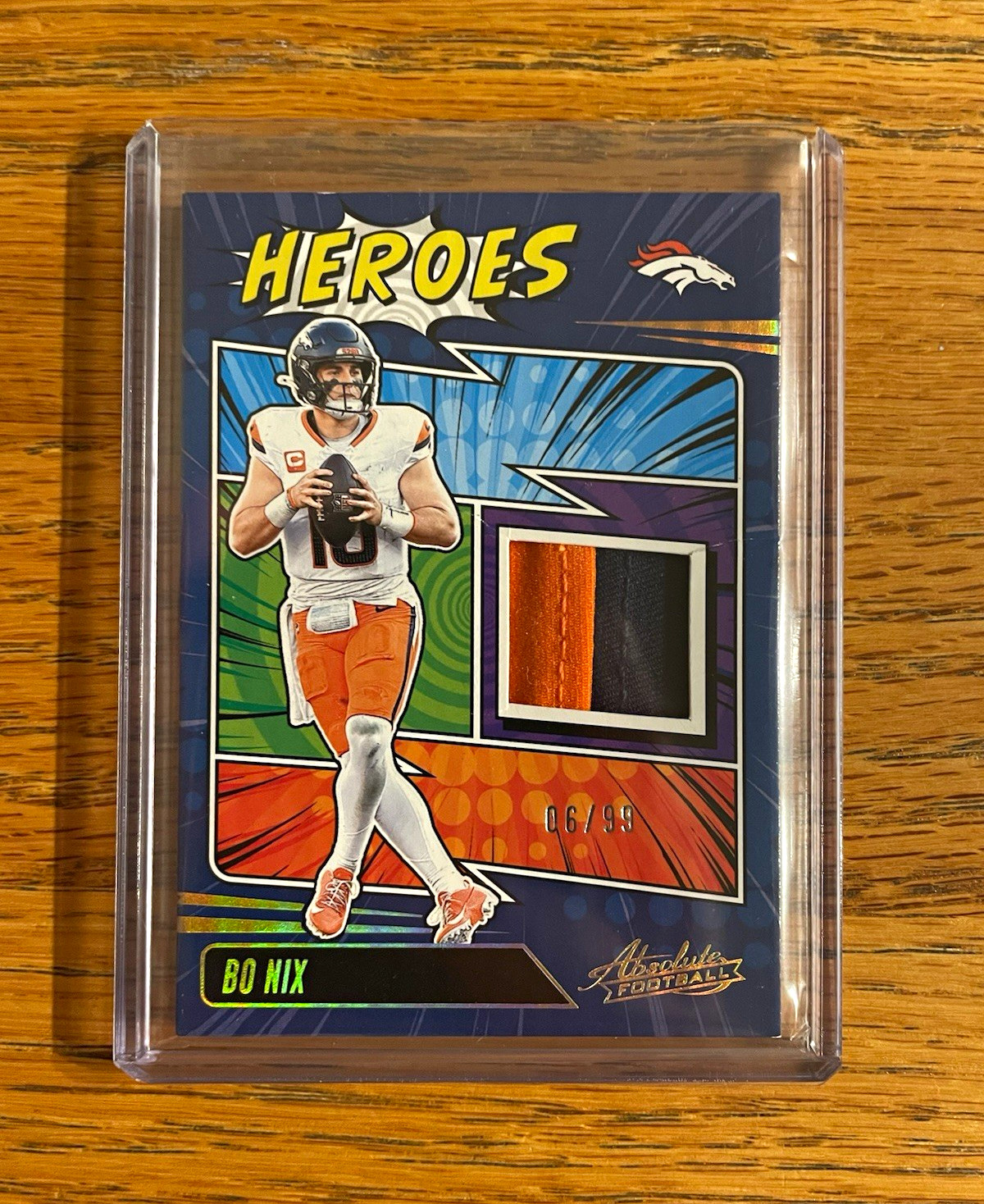 Bo Nix 2025 Panini Absolute Football Heroes #AHM-BNX /99 Dual Color Patch Bo Nix 2025 Panini Absolute Football Heroes #AHM-BNX /99 Dual Color Patch