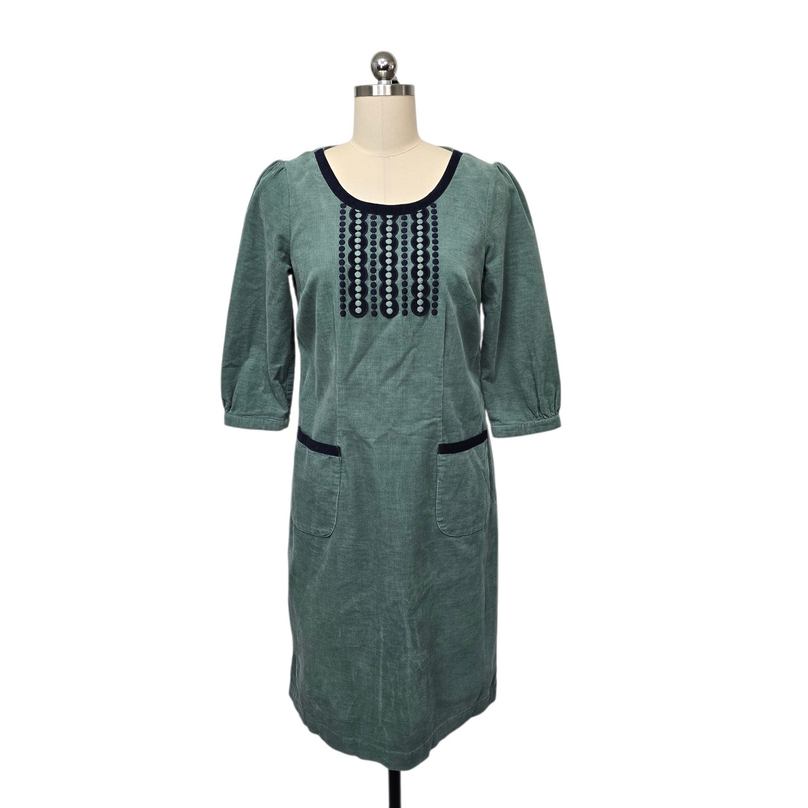 Boden Sage Green Cotton Corduroy Embroidered Shift Dress Pockets US Size 6 Long
