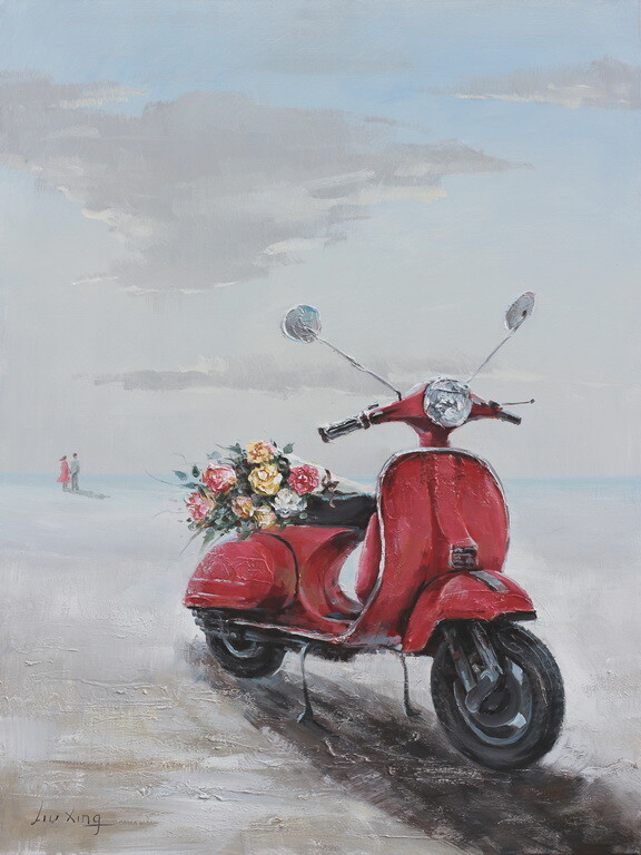 Beautiful Huge Hand-Painting Canvas with Red Color Blazing on Water with Vespa Beautiful Huge Hand-Painting Canvas with Red Color Blazing on Water with Vespa