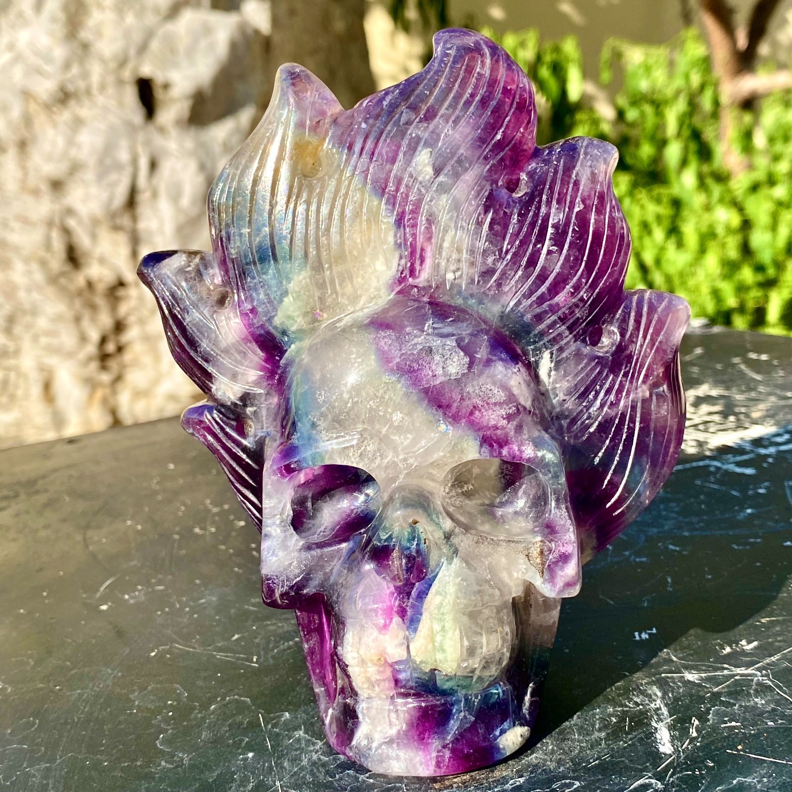 2.49LB Natural fluorite skull quartz hand carved crystal skull healing