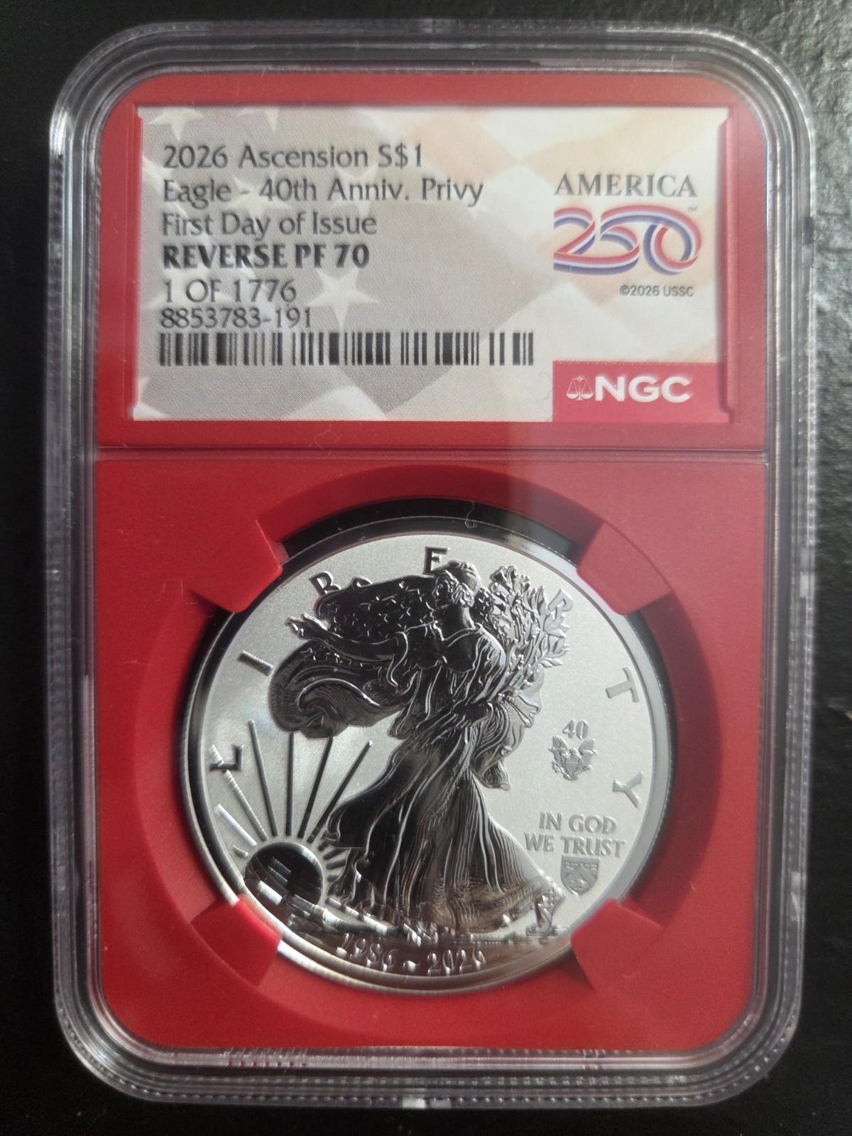 2026 ASCENSION REVERSE PROOF SILVER EAGLE 40TH ANNIVERSARY PRIVY NGC PF70 FDOI 