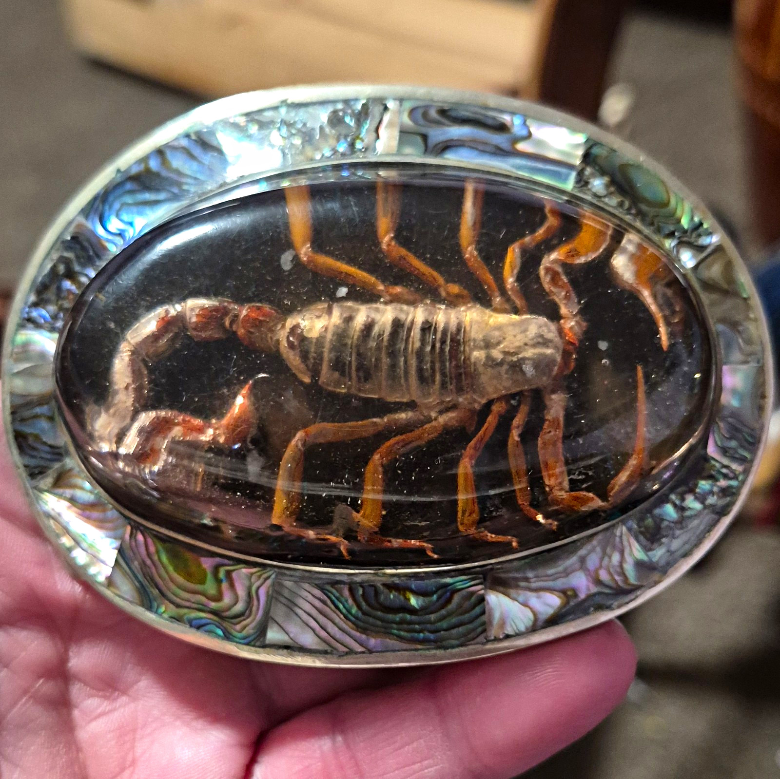 Men\'s Oval Western Scorpion Silver Belt Buckle With Abalone Shell Inlay Men\'s Oval Western Scorpion Silver Belt Buckle With Abalone Shell Inlay
