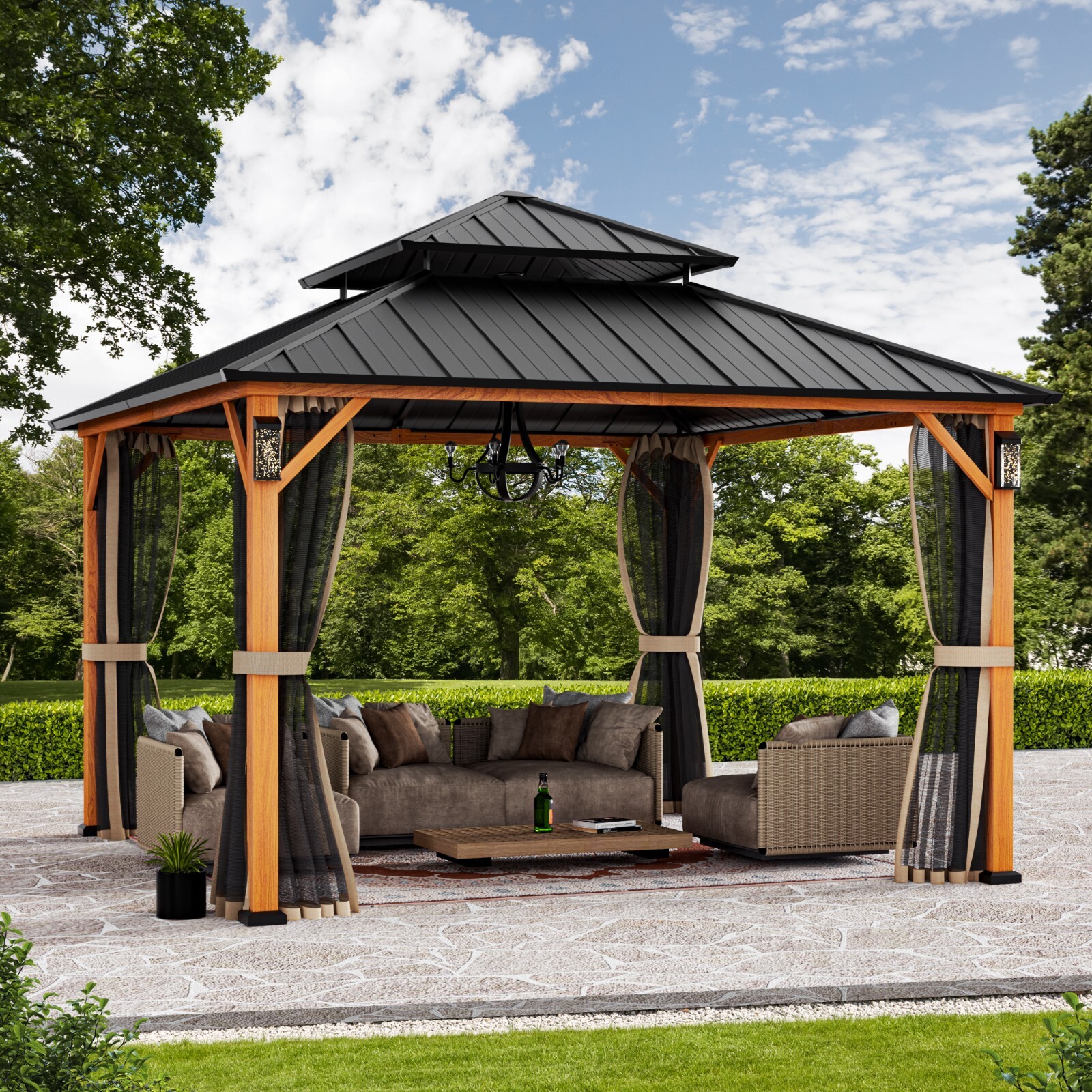 12\' x 12\' Outdoor Hardtop Gazebo Double Roof Wooden Looking w/ 4 LED Lights 12\' x 12\' Outdoor Hardtop Gazebo Double Roof Wooden Looking w/ 4 LED Lights