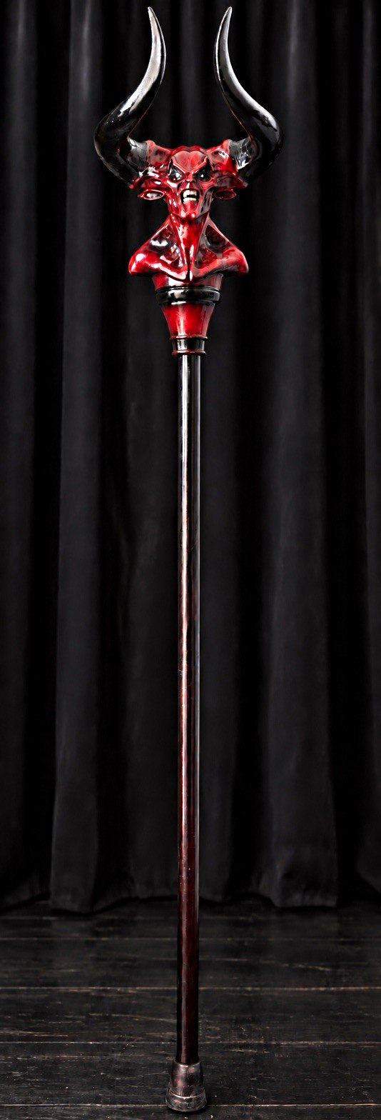 Handmade Halloween Red & Black Devil Head Horned Cane Staff Costume Prop