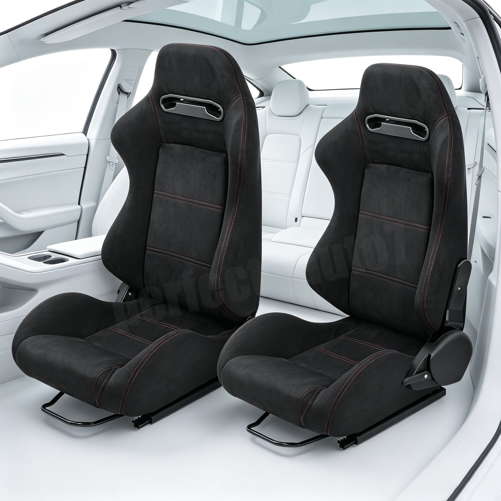 2Pcs Universal Car Racing Seats Reclinable Bucket Seats Black Suede with Slider 2Pcs Universal Car Racing Seats Reclinable Bucket Seats Black Suede with Slider