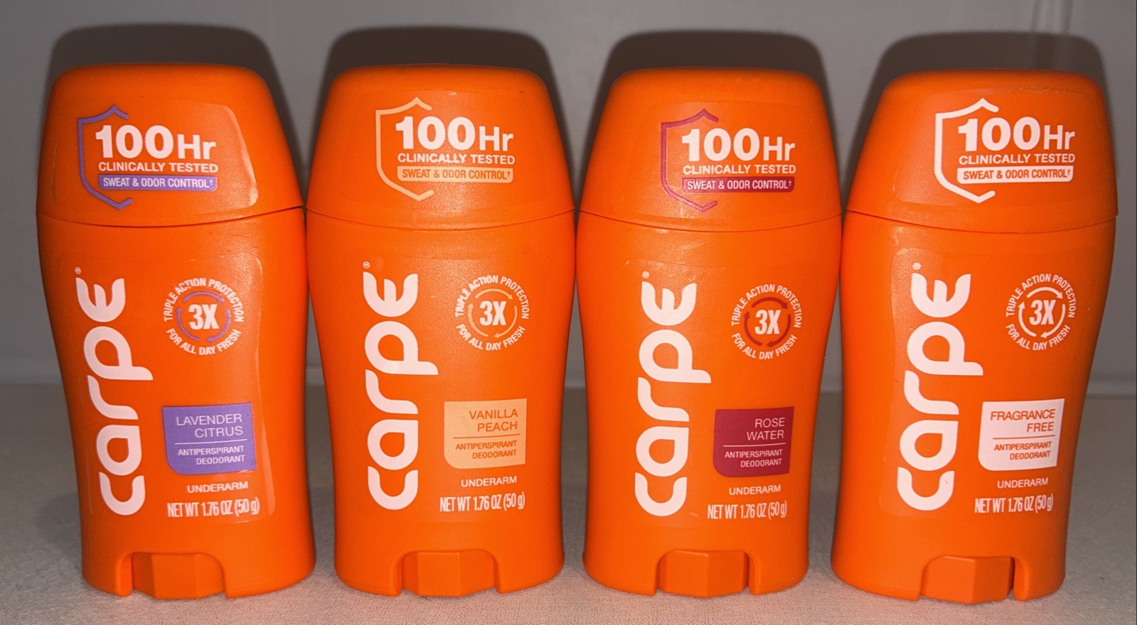 Lot Of 4-Carpe Antiperspirant Underarm Lotion, 4- Different Scents, 1.76 oz Each