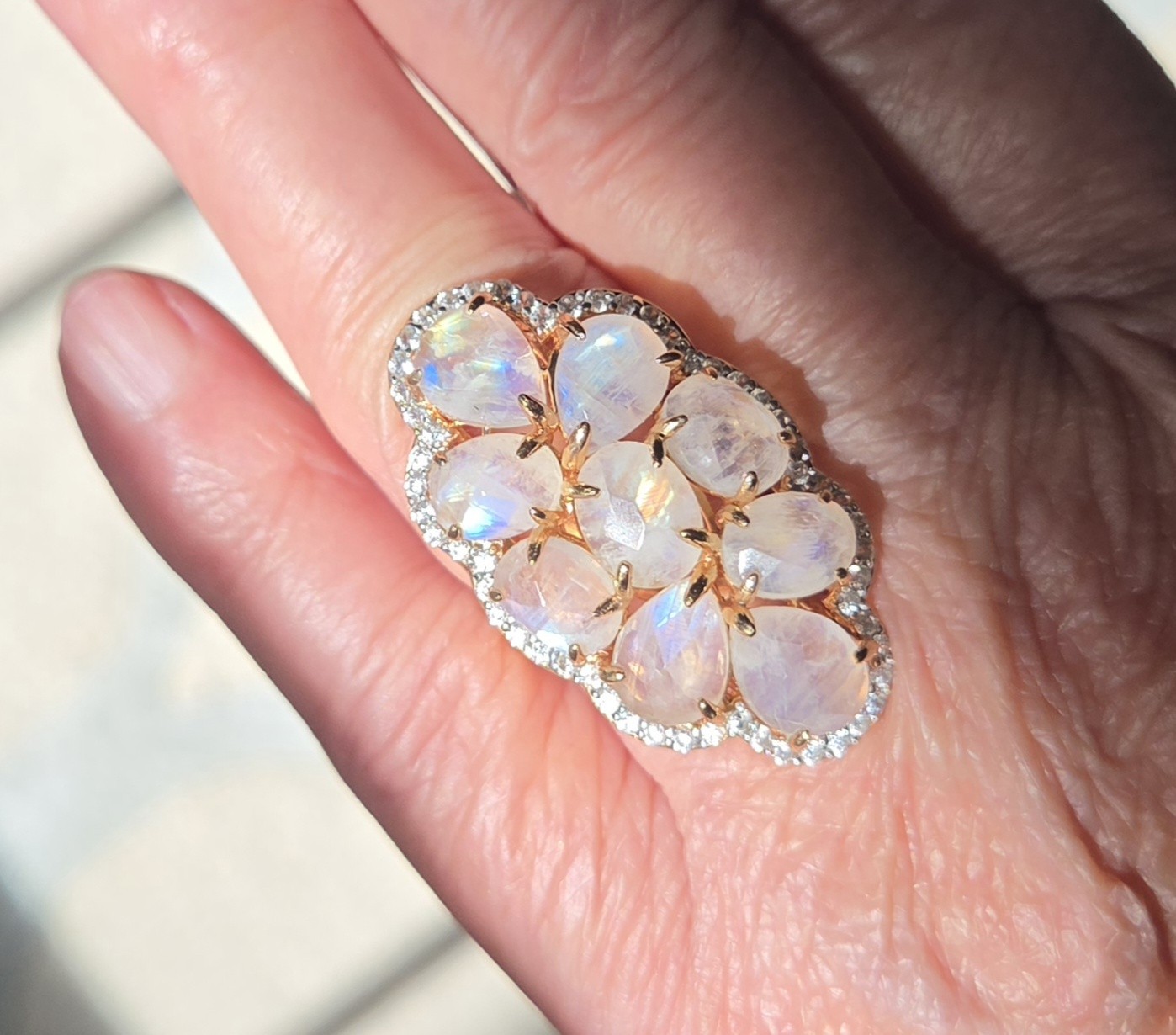 Carol Brodie Rarities Large Rainbow Moonstone Cluster Ring Rose Gold Size 7 Carol Brodie Rarities Large Rainbow Moonstone Cluster Ring Rose Gold Size 7