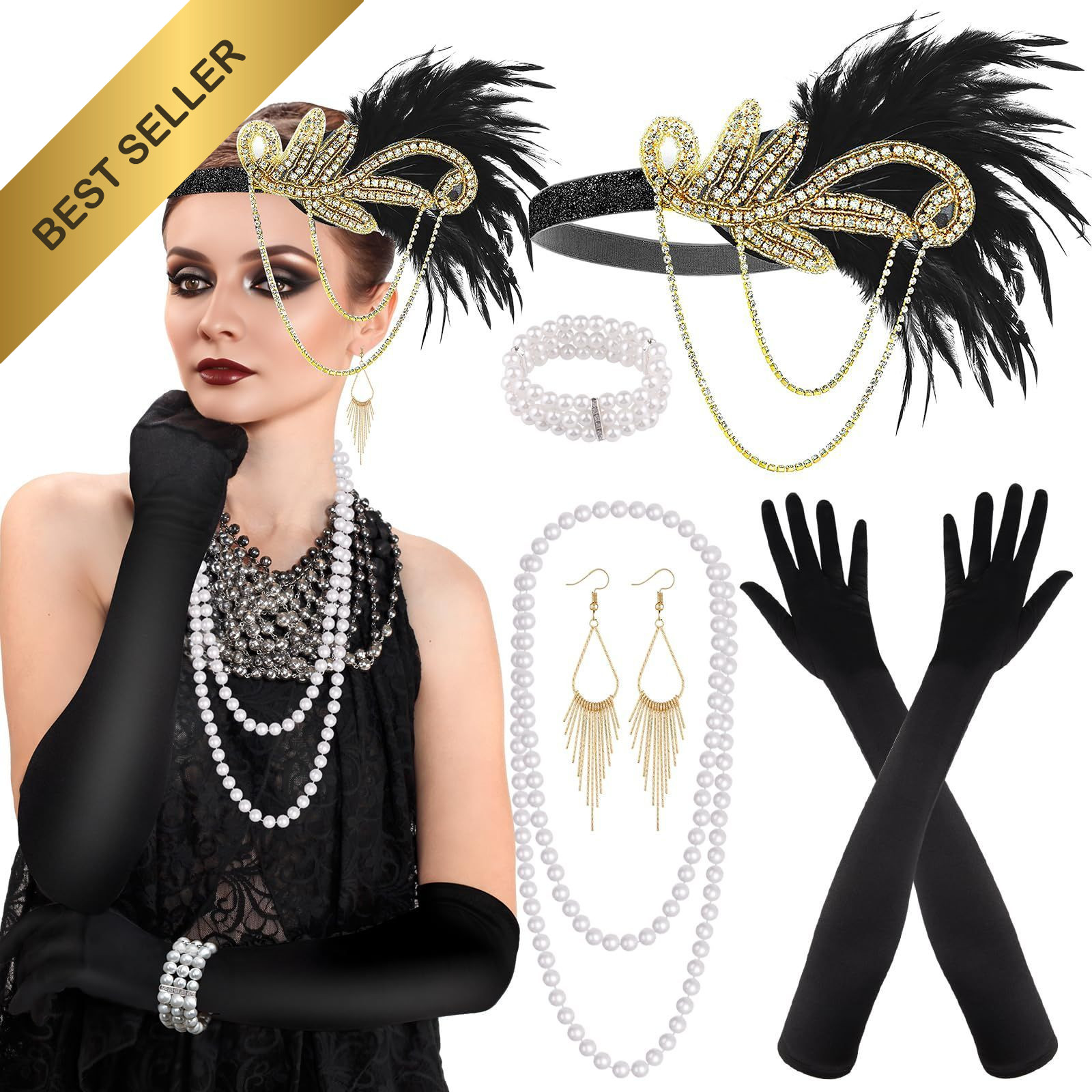 PLULON 1920s Flapper Great Gatsby Accessories Set Roaring Twenties Theme Party