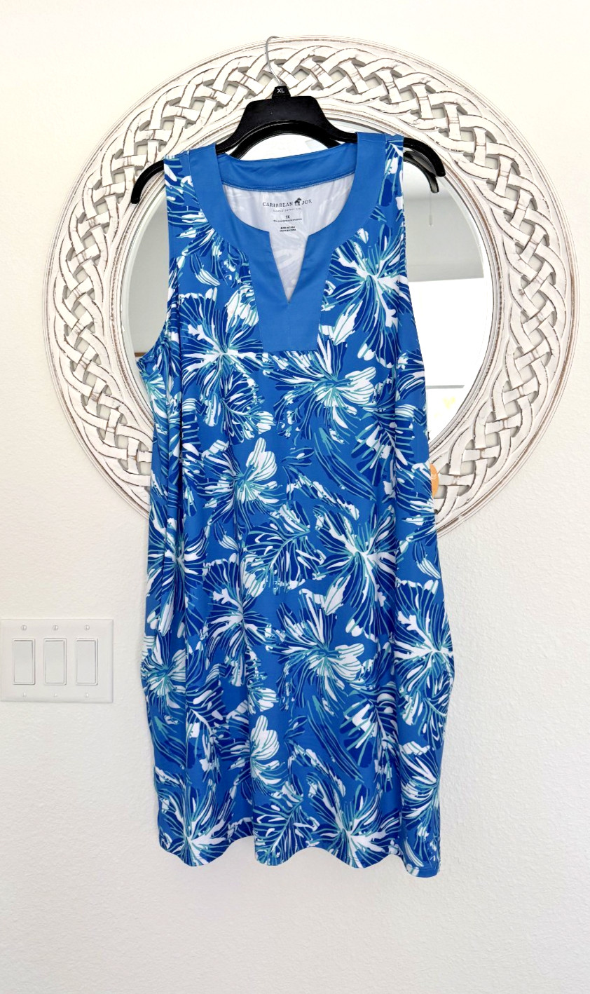 NWT Caribbean Joe Blue MultiColor Stretch Shift Dress -Pockets $64 UPF 30+   1X