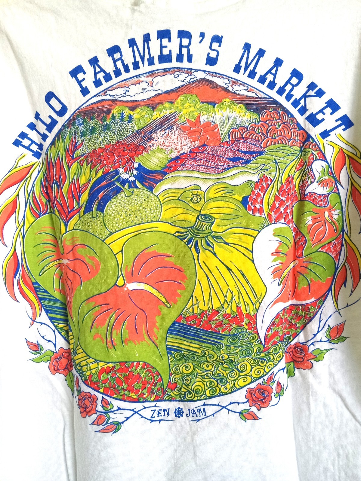 Vintage Hilo Farmers Market Shirt Zen Jam Hanes Size L Botanical Graphic *stains