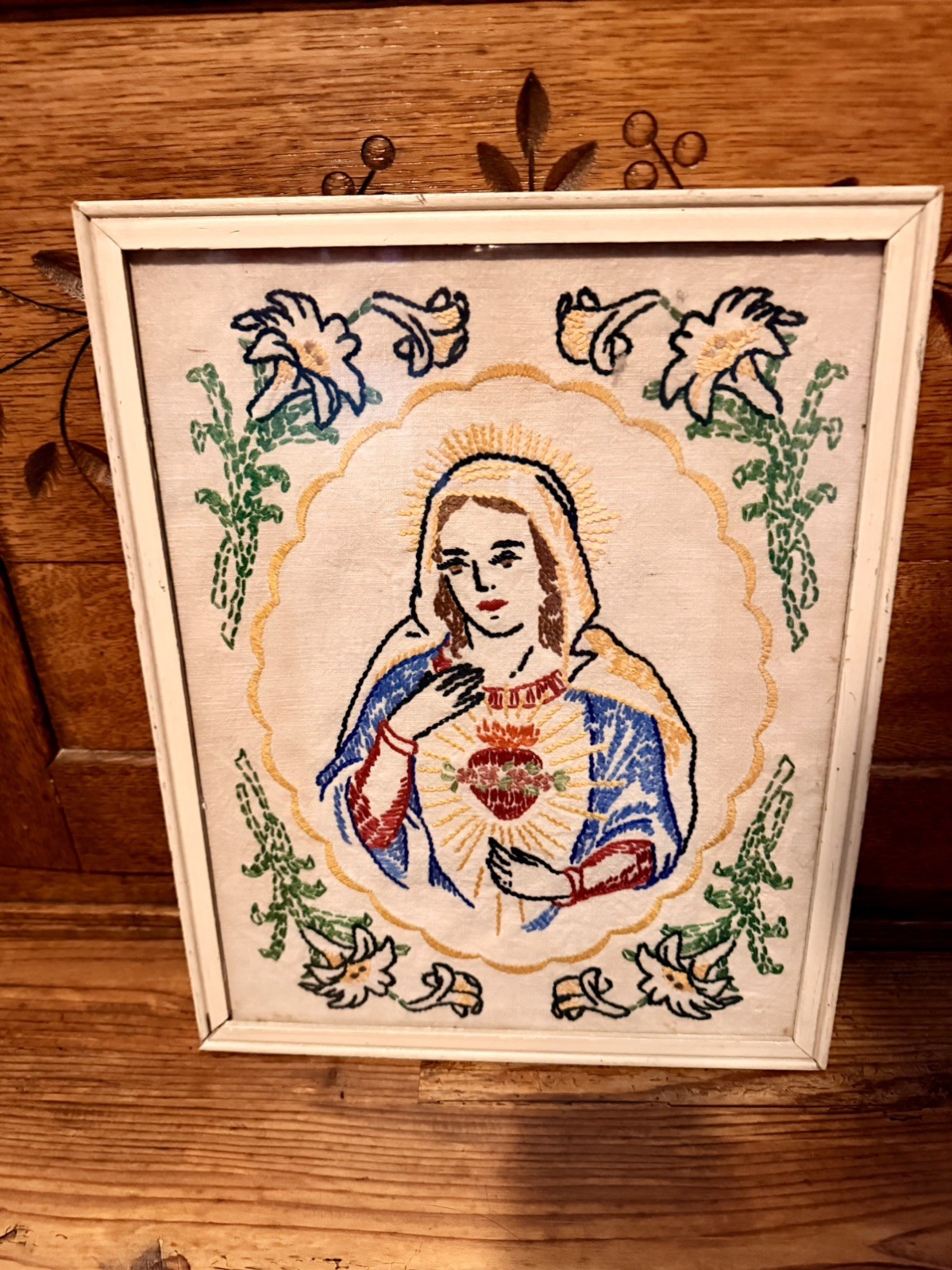 Rare Vtg Embroidered VirginMary Sacred Heart on Linen Religious Picture Handmade
