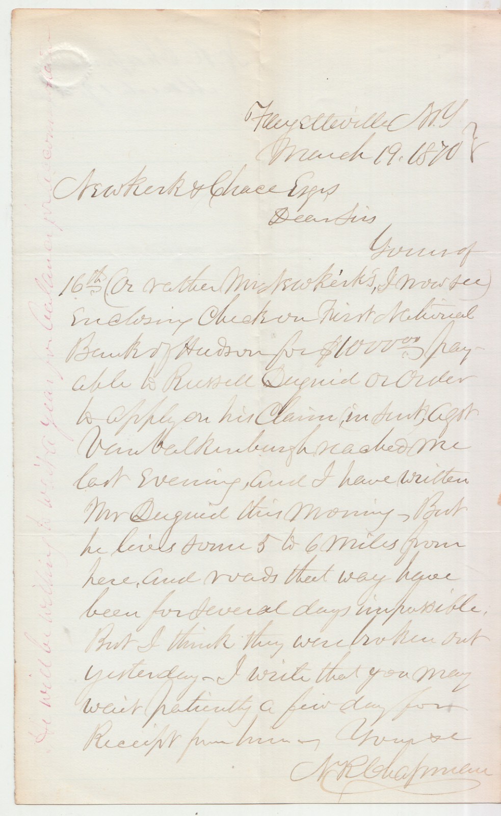 1870 Handwritten Embossed Letter Fayetteville NY Impassable Roads & Marginalia 1870 Handwritten Embossed Letter Fayetteville NY Impassable Roads & Marginalia
