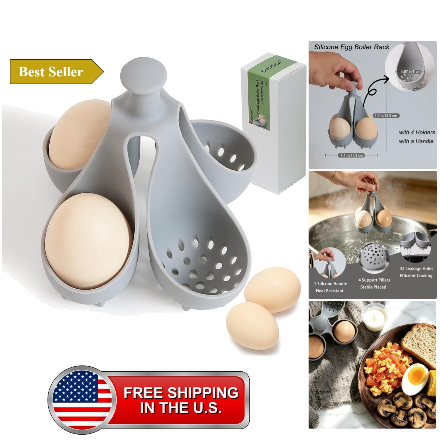 Hard Boiled Egg Holder for Boiling, Silicone Egg Boiler Rack with 4 Holders f...