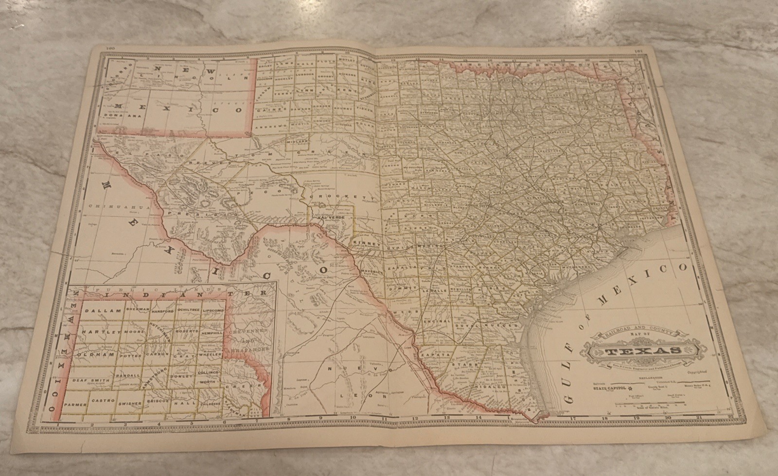 Antique c. 1888 Railroad County Map Of Texas TX New Mexico NM Geo Cram 23x17.25”