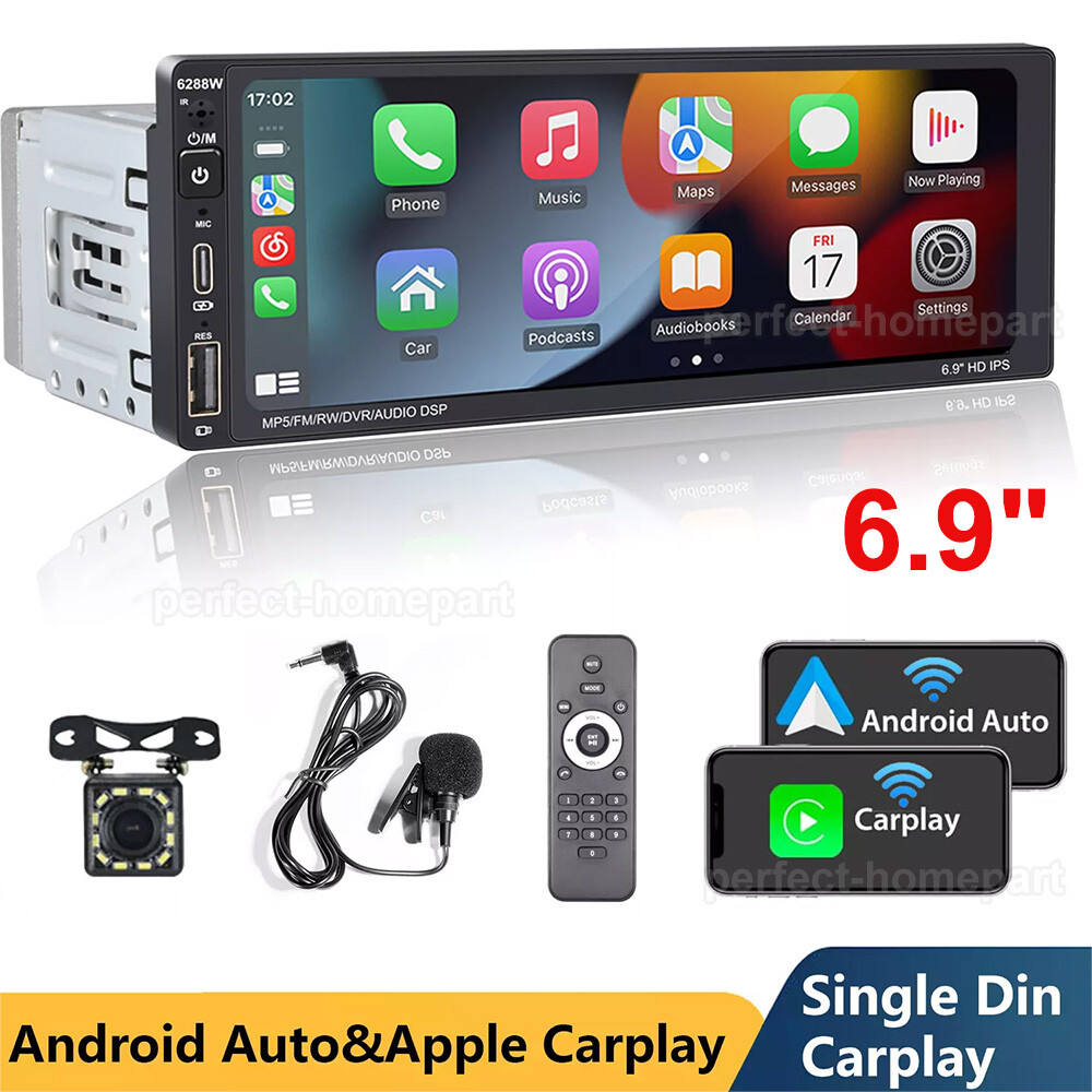 Wireless Apple CarPlay Single Din Car Stereo 6.9 Touchscreen Bluetooth Radio USB
