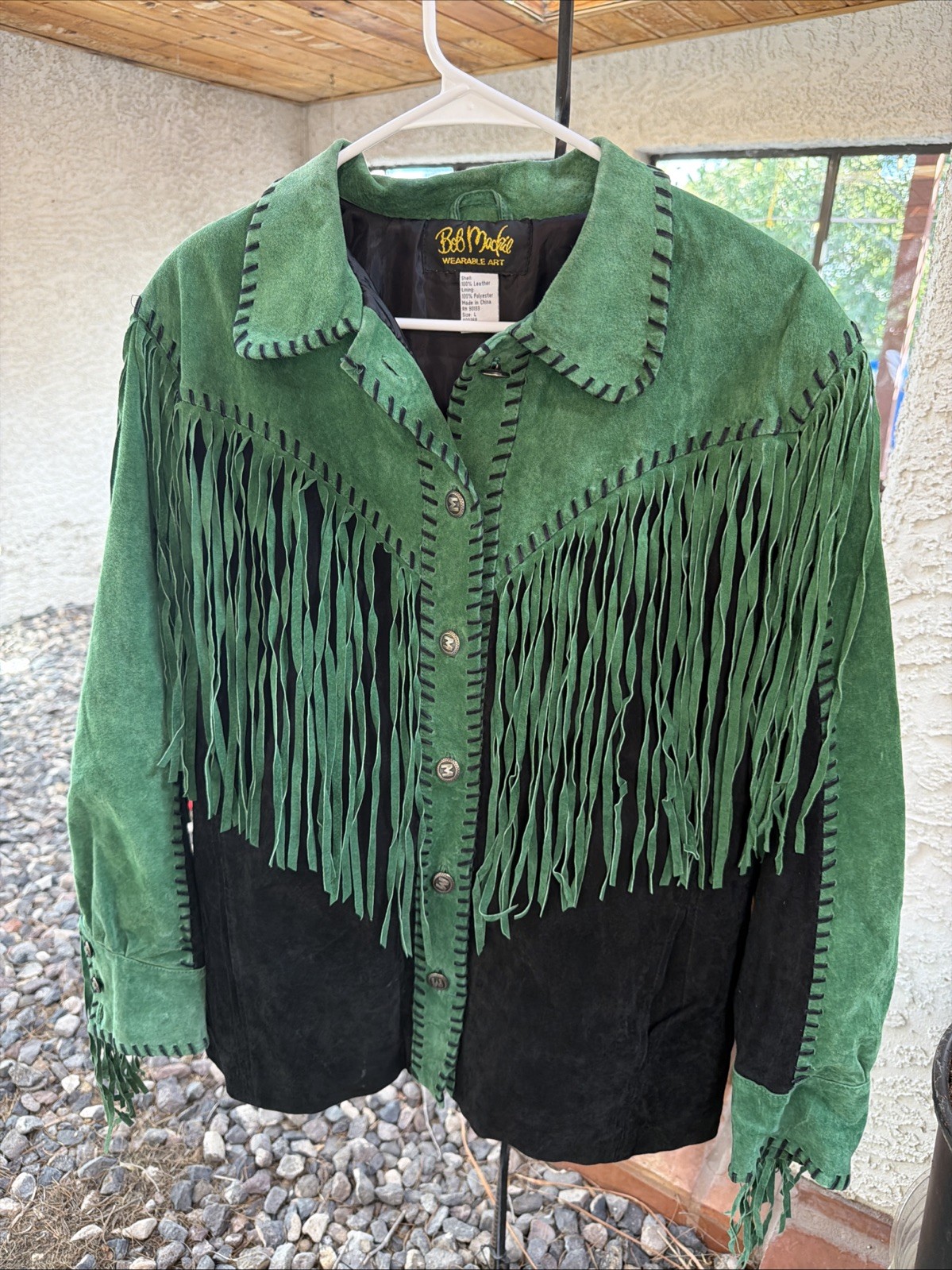 Bob Mackie Jacket Womens Large Green Suede Leather Fringe Western Cowboy Art 90s