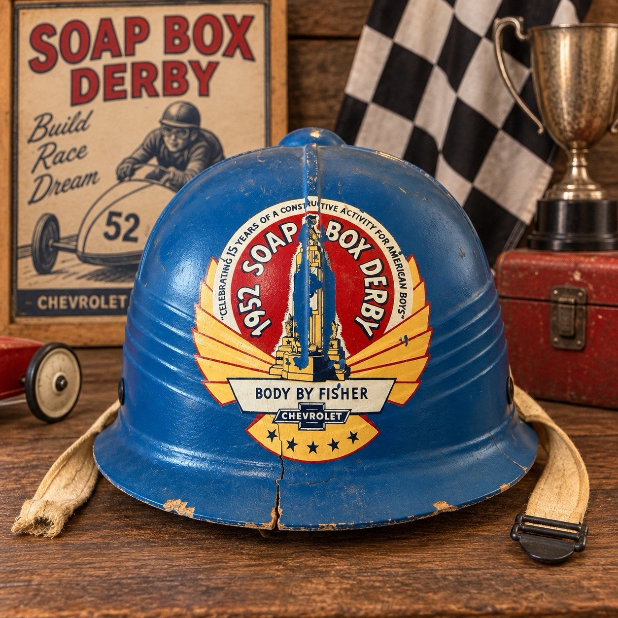 Vintage 1952 Soap Box Derby Helmet Chevrolet Body by Fisher Blue Original