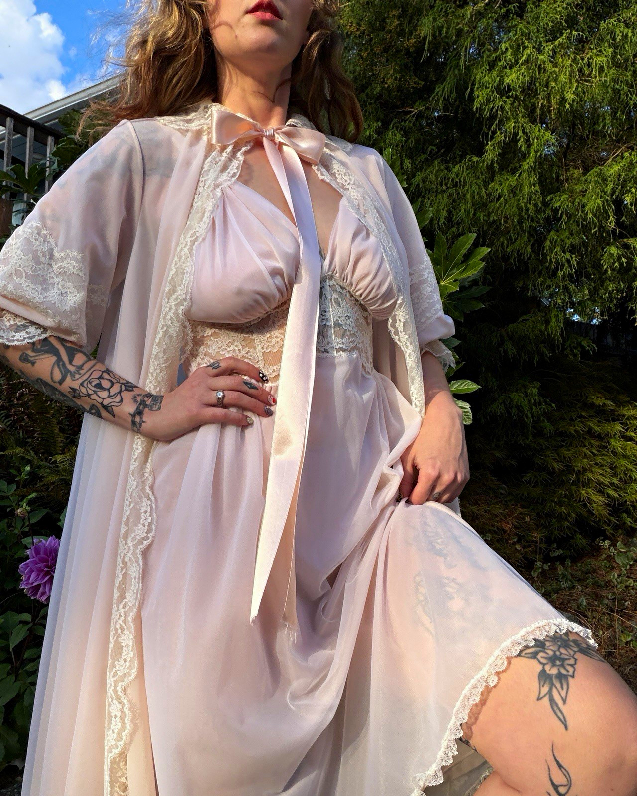Vintage 1960s Lady Leonora Pink Nylon & Lace Peignoir Set Satin Ribbon SZ S-M Vintage 1960s Lady Leonora Pink Nylon & Lace Peignoir Set Satin Ribbon SZ S-M