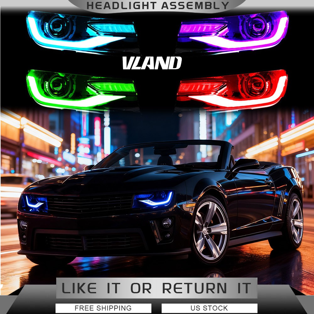 VLAND RGB LED Headlights For 14-15 Chevrolet Camaro Dual Beam W/SEQ Front Lamps