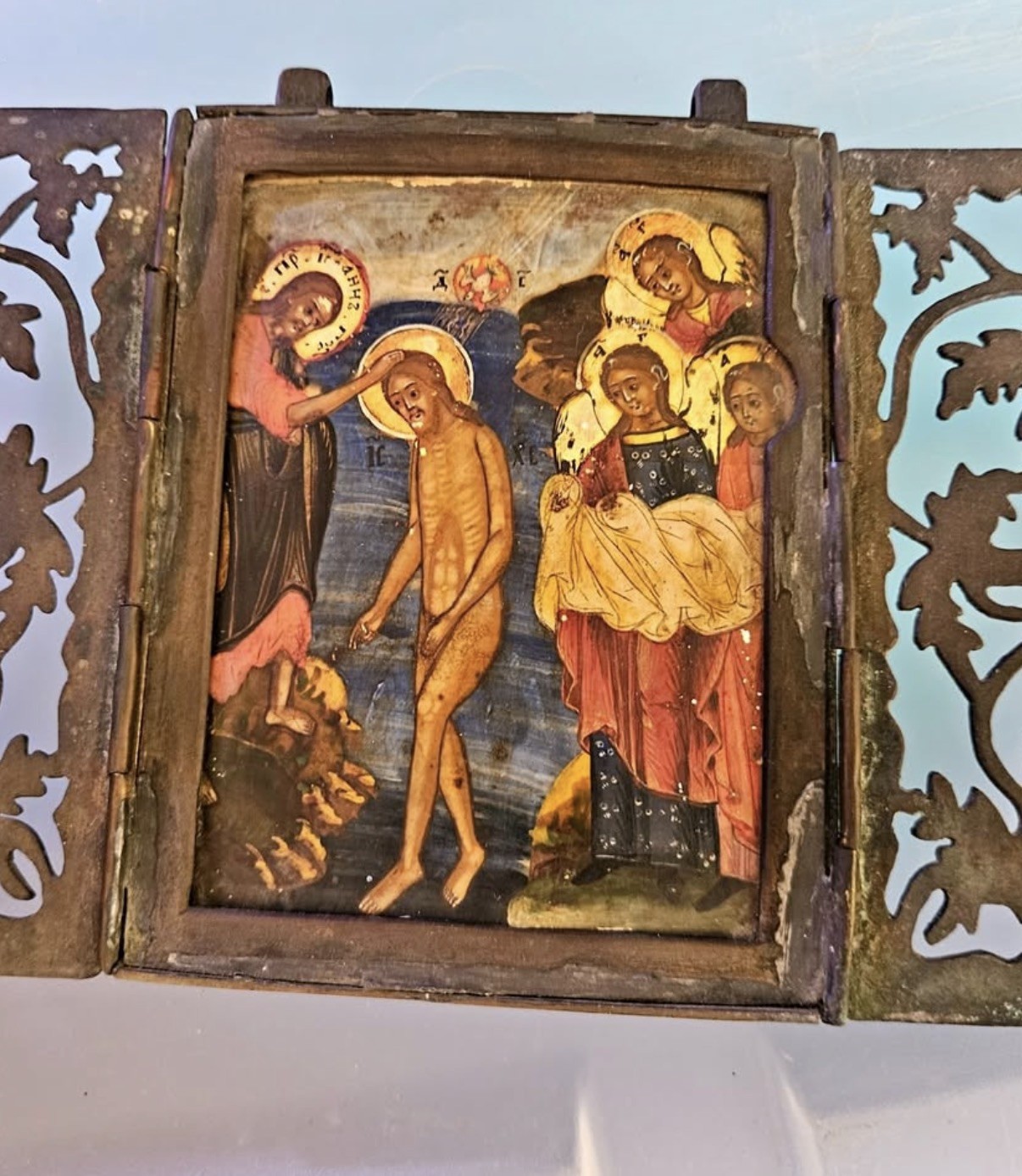 Antique Russian Orthodox Travel Triptych Baptism of Christ 18th Century 4 x 5