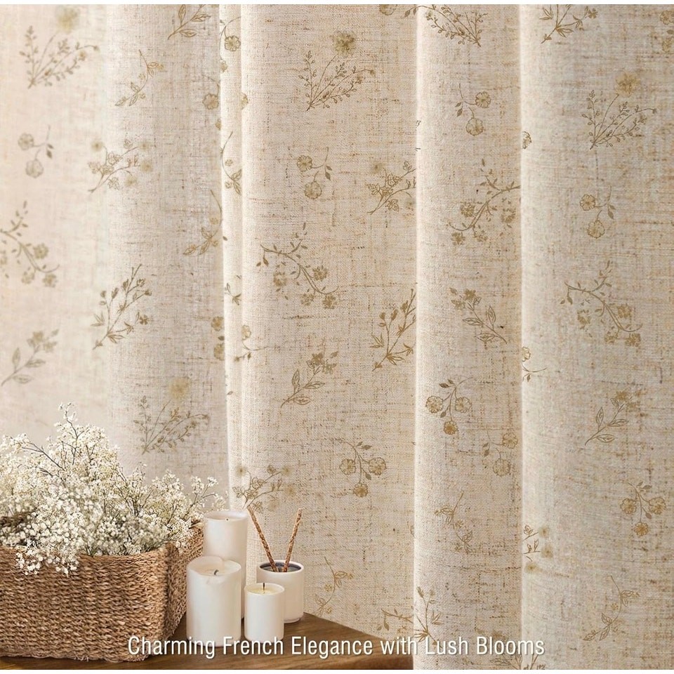 Farmhouse Vintage Linen Shower Curtain for Bathroom, Beige Floral 72 x 90