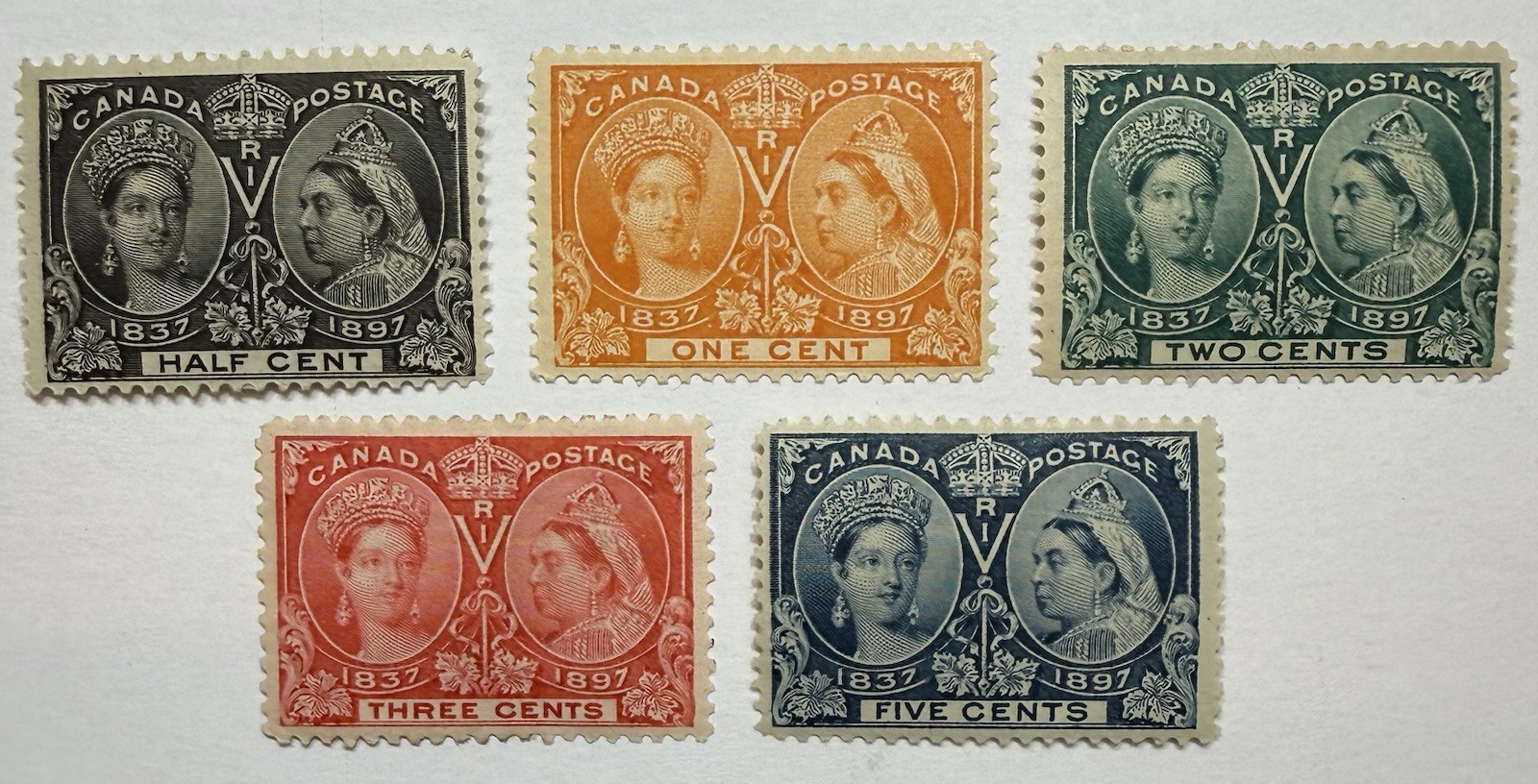Canada #50-54 1897 1/2c-5c Q. Victoria Jubilee series, MH/MRG-VF; $370 UCV Canada #50-54 1897 1/2c-5c Q. Victoria Jubilee series, MH/MRG-VF; $370 UCV