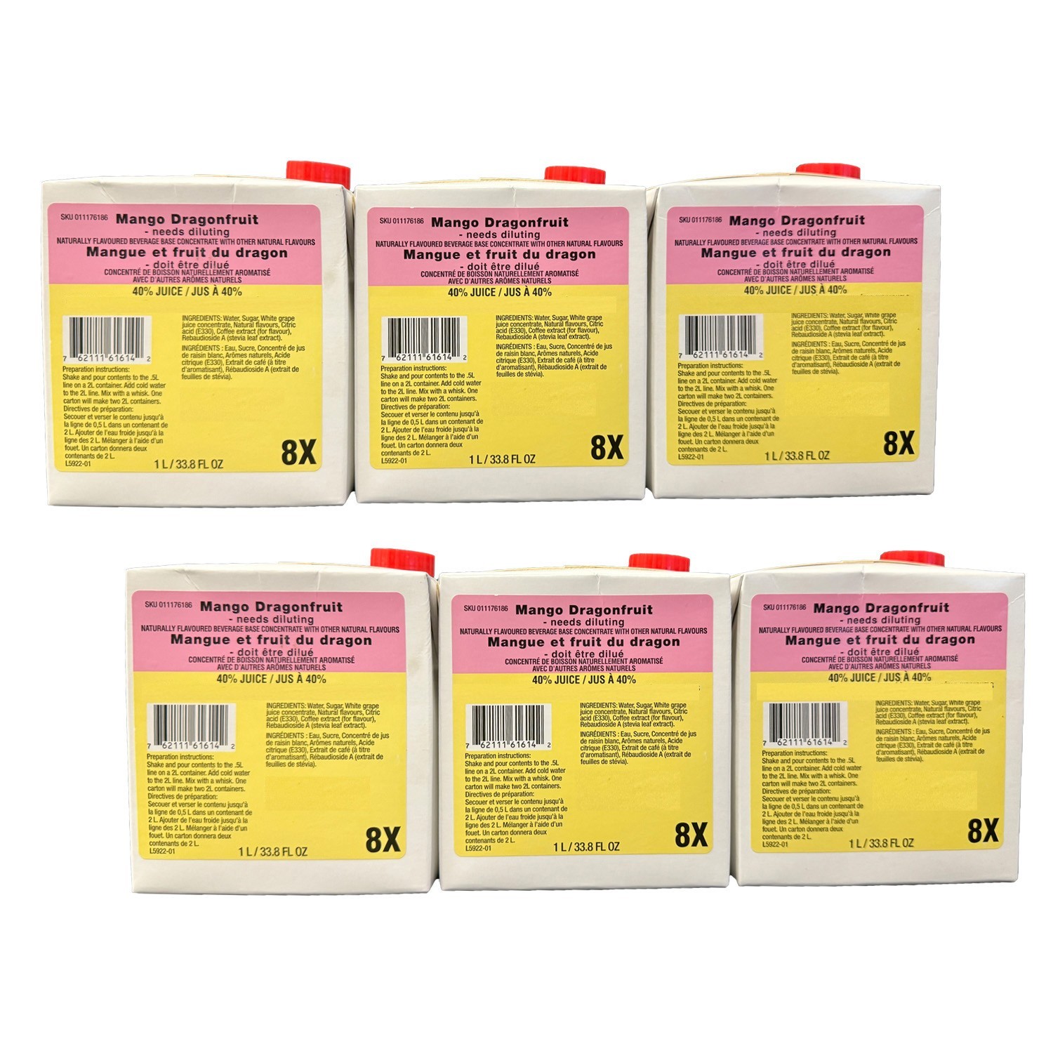 6 PACK Mango Dragonfruit Refresher Base 8X Concentrate, 1 Liter 6 PACK Mango Dragonfruit Refresher Base 8X Concentrate, 1 Liter