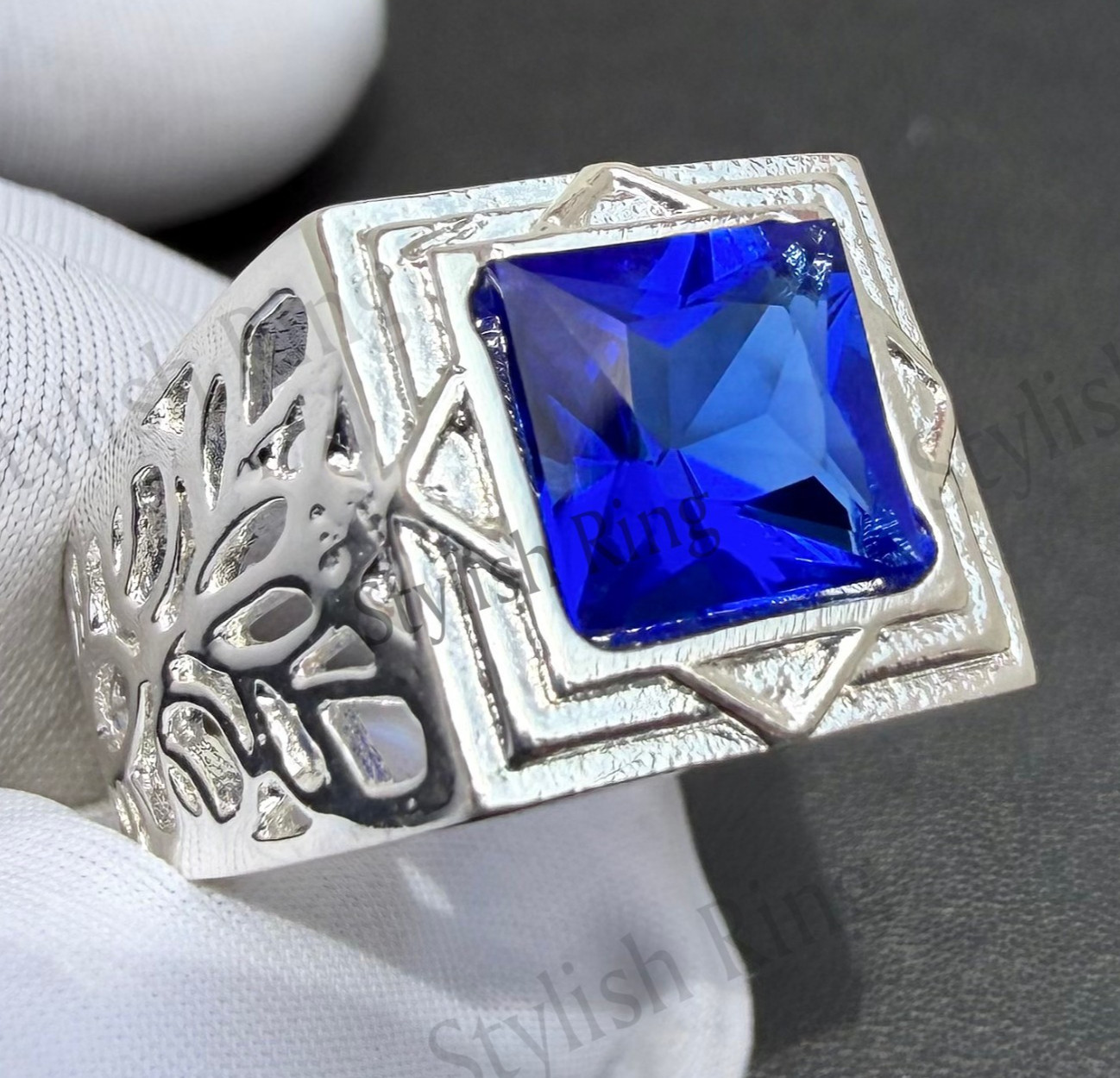 Men\'s Blue Sapphire Gemstone Handmade Engagement Ring 925 Sterling Silver Ring