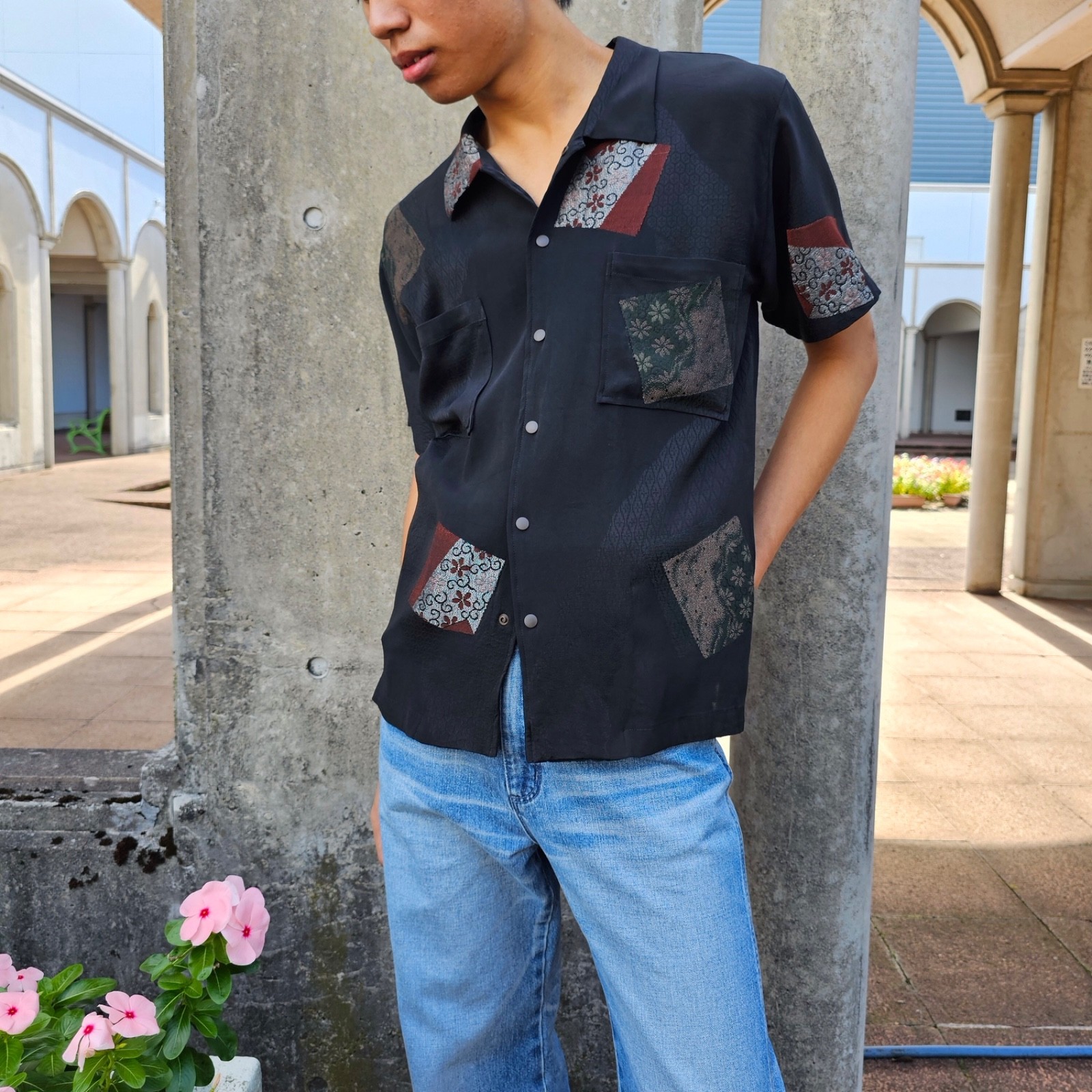 Vintage Japanese Silk Shirt Men’s L, Kimono Shirt, Boxy Shirt, Streetwear Japan,