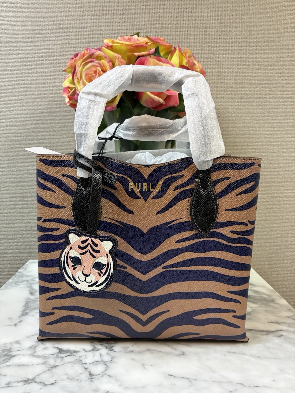 Furla Tiger Striped Leather Small Tote Bag - Rare NWT w/ Tiger Hangtag