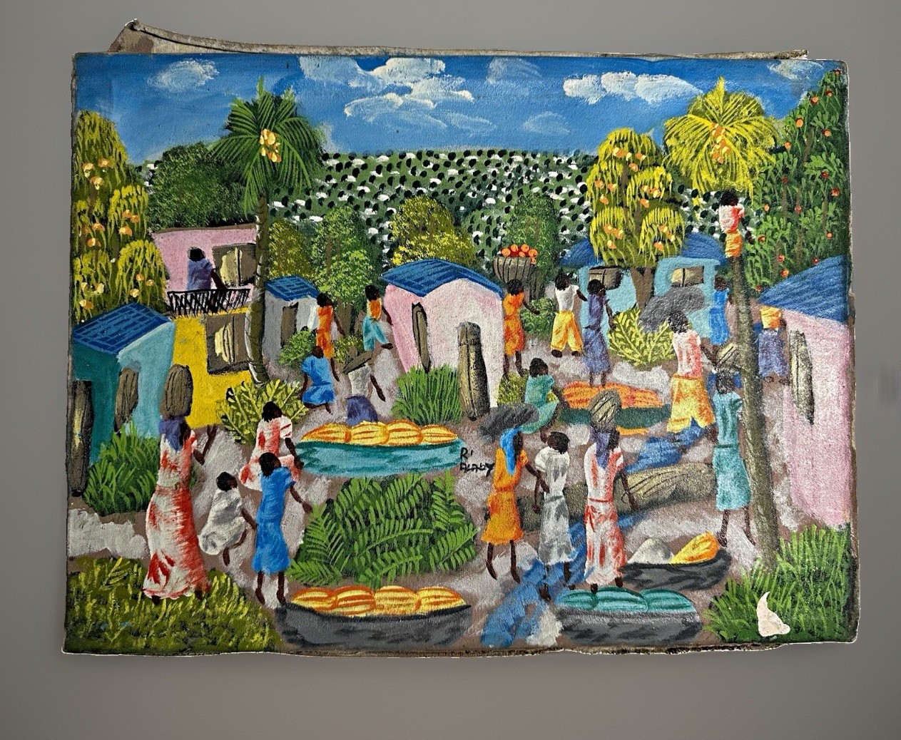 Vtg 60s R Alaby (Reginald or LV) Haitian Folk Art Painting 12x16 village life Vtg 60s R Alaby (Reginald or LV) Haitian Folk Art Painting 12x16 village life