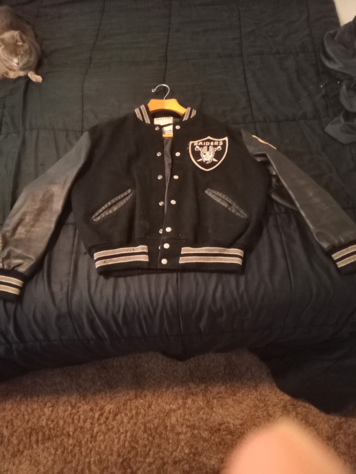 Vintage DeLong Black Wool and Leather Los Angeles Raiders Letterman Jacket